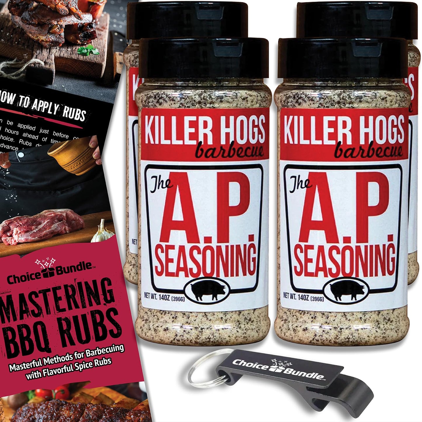 Killer Hogs AP Seasoning All Purpose Premium BBQ Barbecue Rub 4 pk (56 oz) I Plus Guide & Bottle Opener (6 Items)!