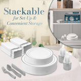 Reli. Plastic Plates for Party | 385 Pcs | White w/Silver Rim | Plates and Napkins Party Supplies | Disposable Dinnerware Set for 55 Guests |Dinner