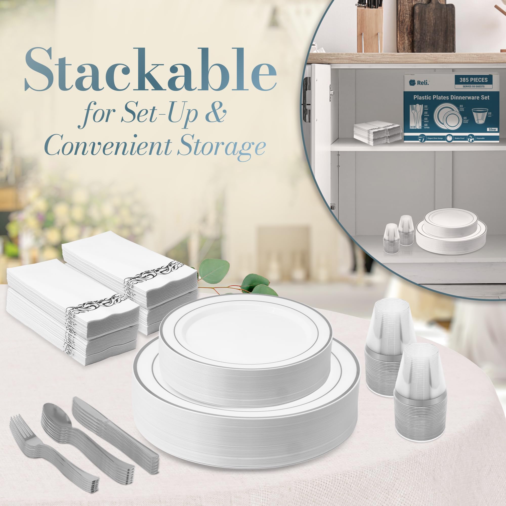 Reli. Plastic Plates for Party | 385 Pcs | White w/Silver Rim | Plates and Napkins Party Supplies | Disposable Dinnerware Set for 55 Guests |Dinner