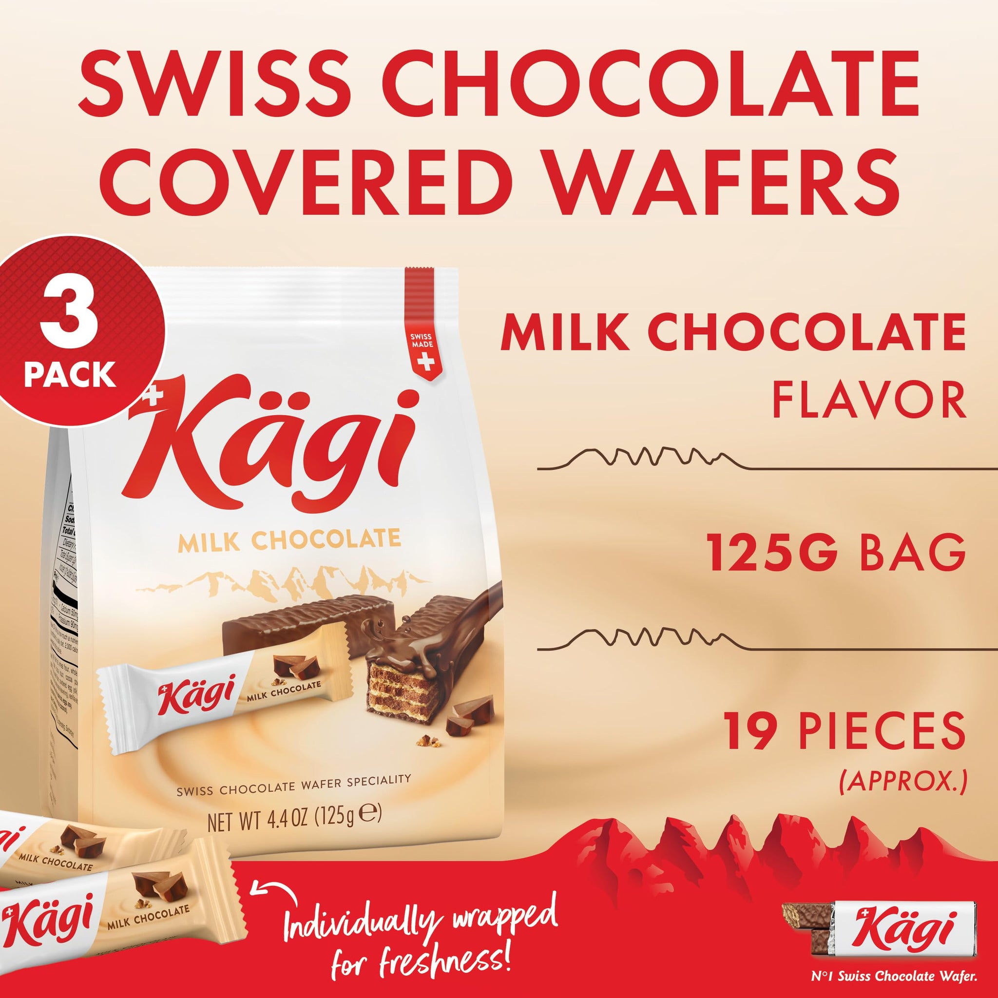 Swiss Milk Chocolate Covered Mini Wafers by Kägi, Crispy Coated Sweet Snacks, Premium Individually Wrapped Treats, Chocolate, Classic Kägi, 3 Pack