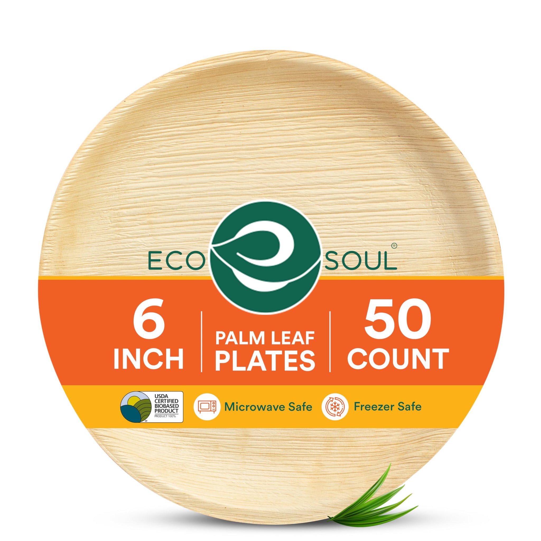 ECO SOUL Palm Leaf Like Bamboo Plates, 6 Inch Round, 50 Pack Bulk Disposable Appetizer & Dessert Tableware, Compostable Biodegradable Natural Wooden