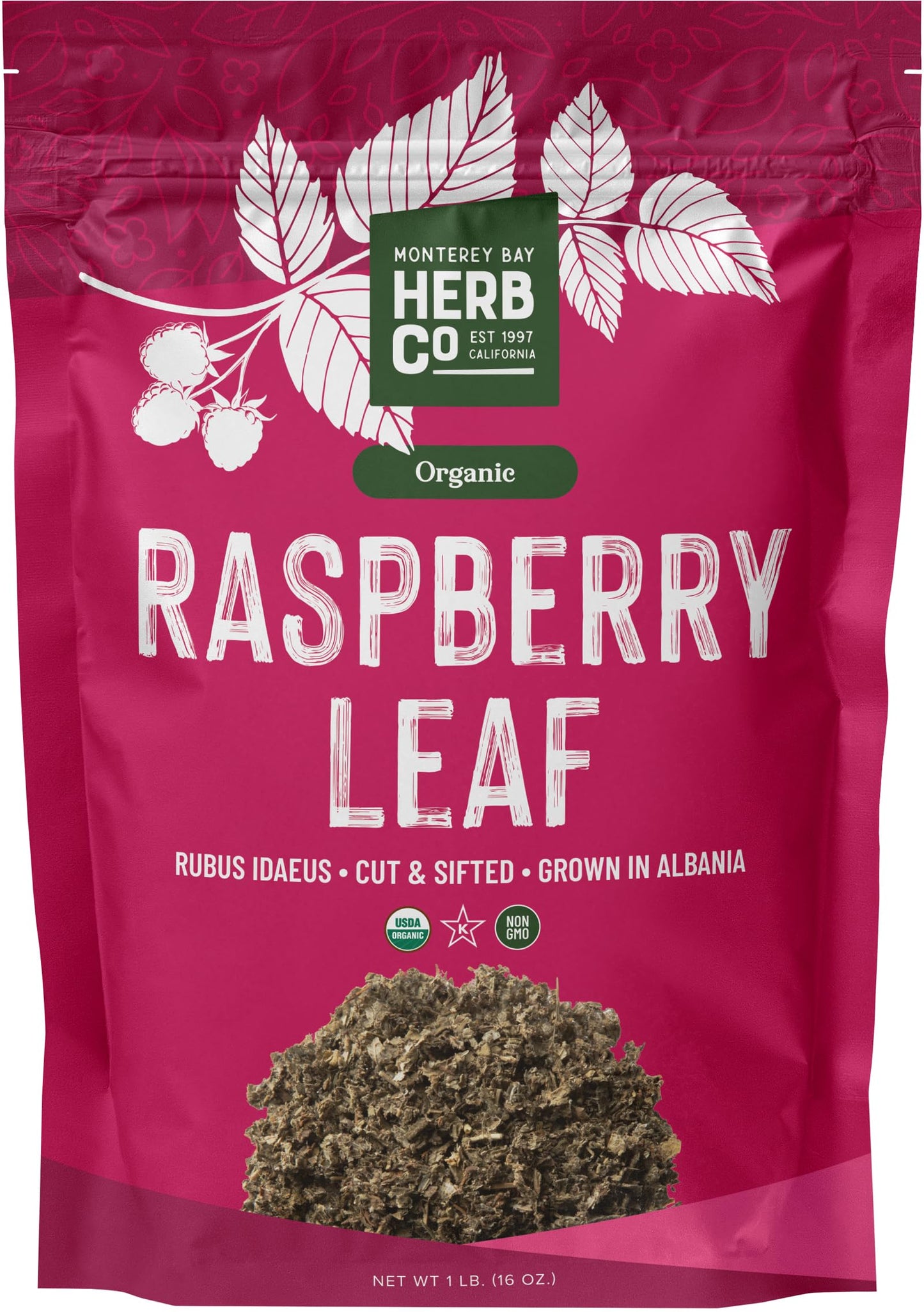 Organic Raspberry Leaf Cut & Sifted, by Herb Co, Rubus Idaeus, from Albania, Kosher, for Tea, Apple Cider Vinegar, Salves, Lotions, Creams, Toner