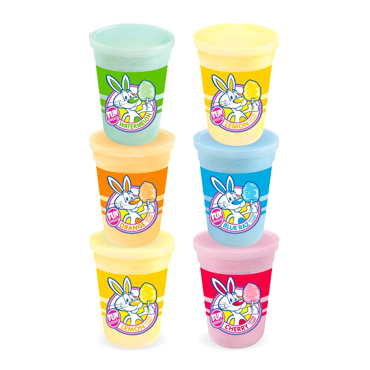 Fun Sweets Cotton Candy Variety 6-Pack - Assorted Flavors of Cotton Candy in 1.5 oz Tubs - Individual CottonCandy Tubs in Limited Edition Packaging