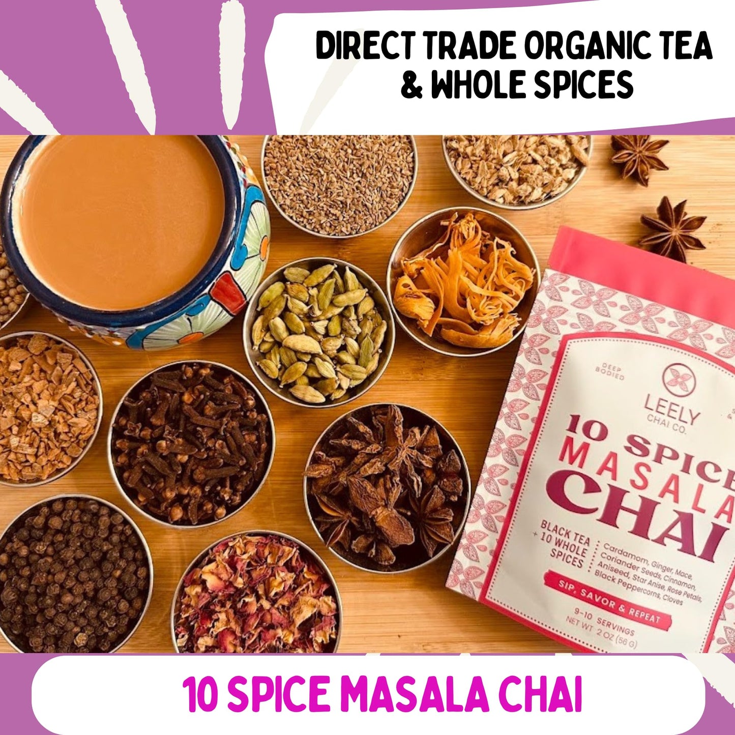 Leely Chai Masala Chai Loose Leaf. Organic Assam Black Tea with whole spices, Small Batch, Authentic Brew or Steep - 8 OZ, 40 Cups