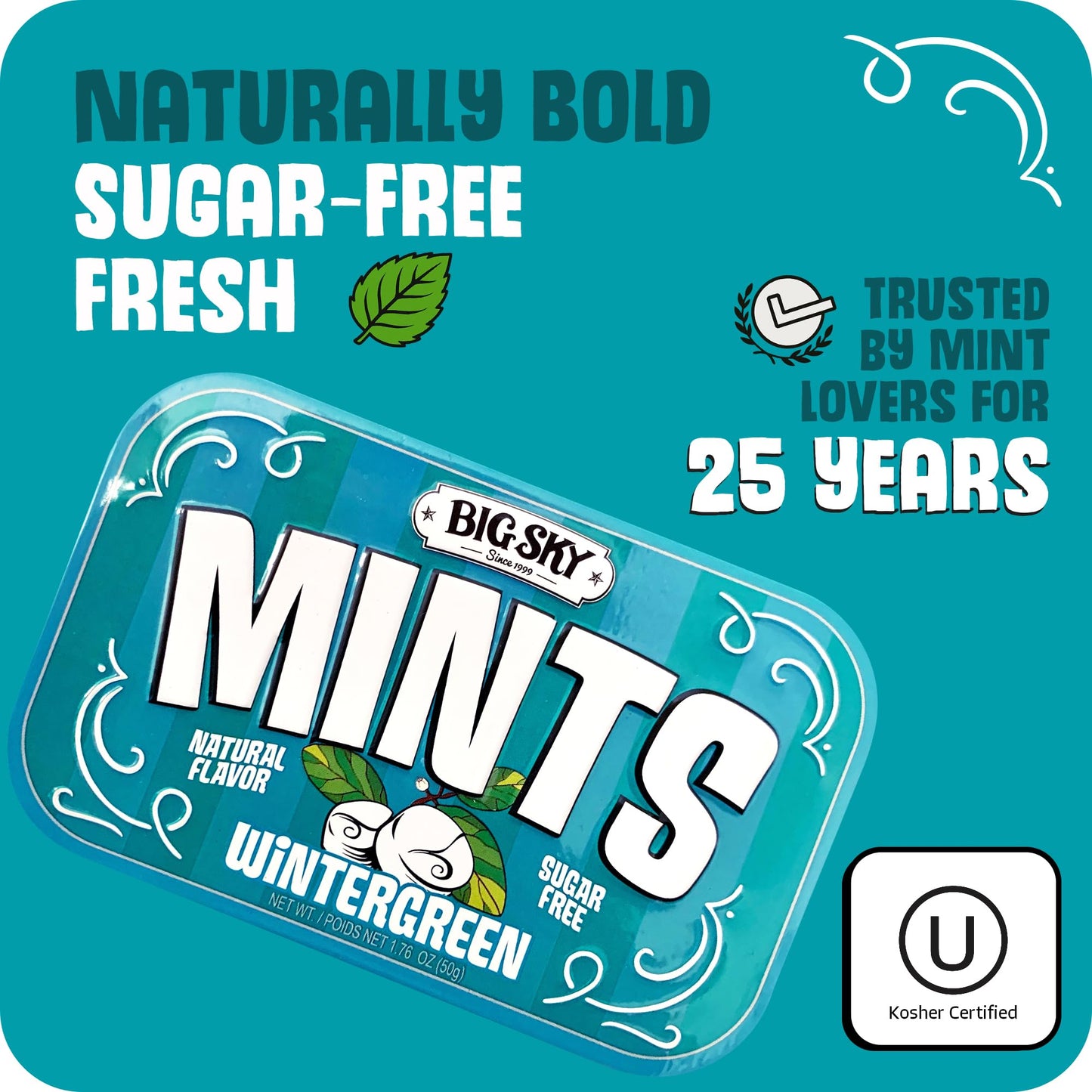 Big Sky Sugar Free Wintergreen Mints - 50 Count Tin (Pack of 6) | Kosher Certified, Vegan Wintergreen Candy | Aspartame & Gluten Free, Natural Breath