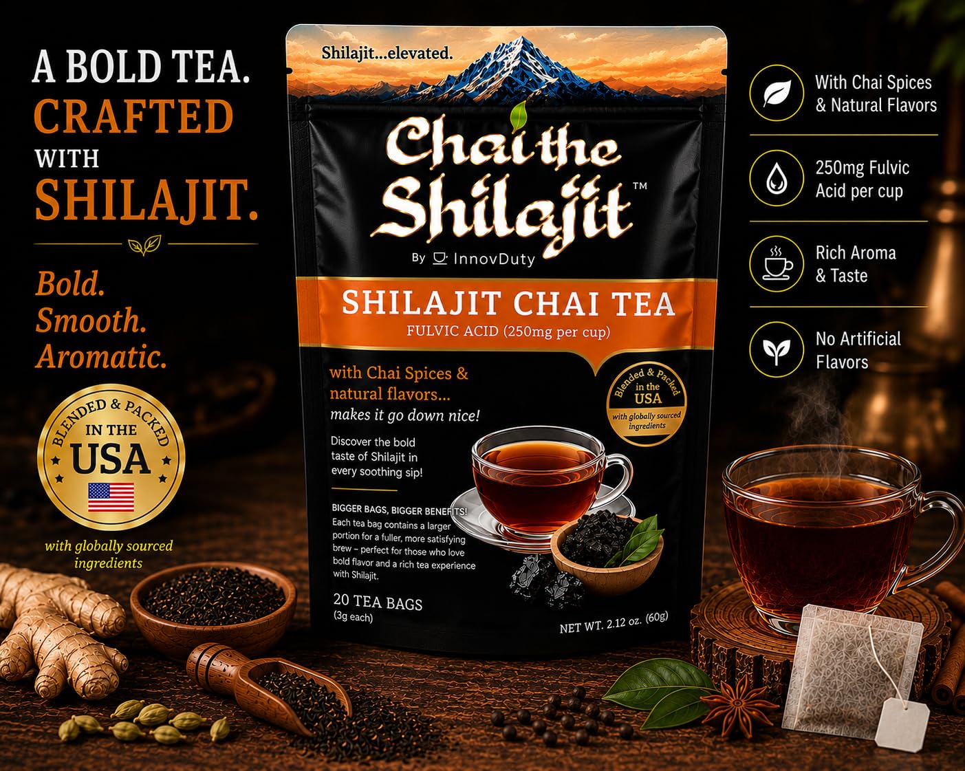 Authentic Shilajit Chai Tea - 20 Tea Bags - Black Tea with Herbal Chai Spices & Shilajit - Smooth & Aromatic - Blended & Packed in USA - InnovDuty