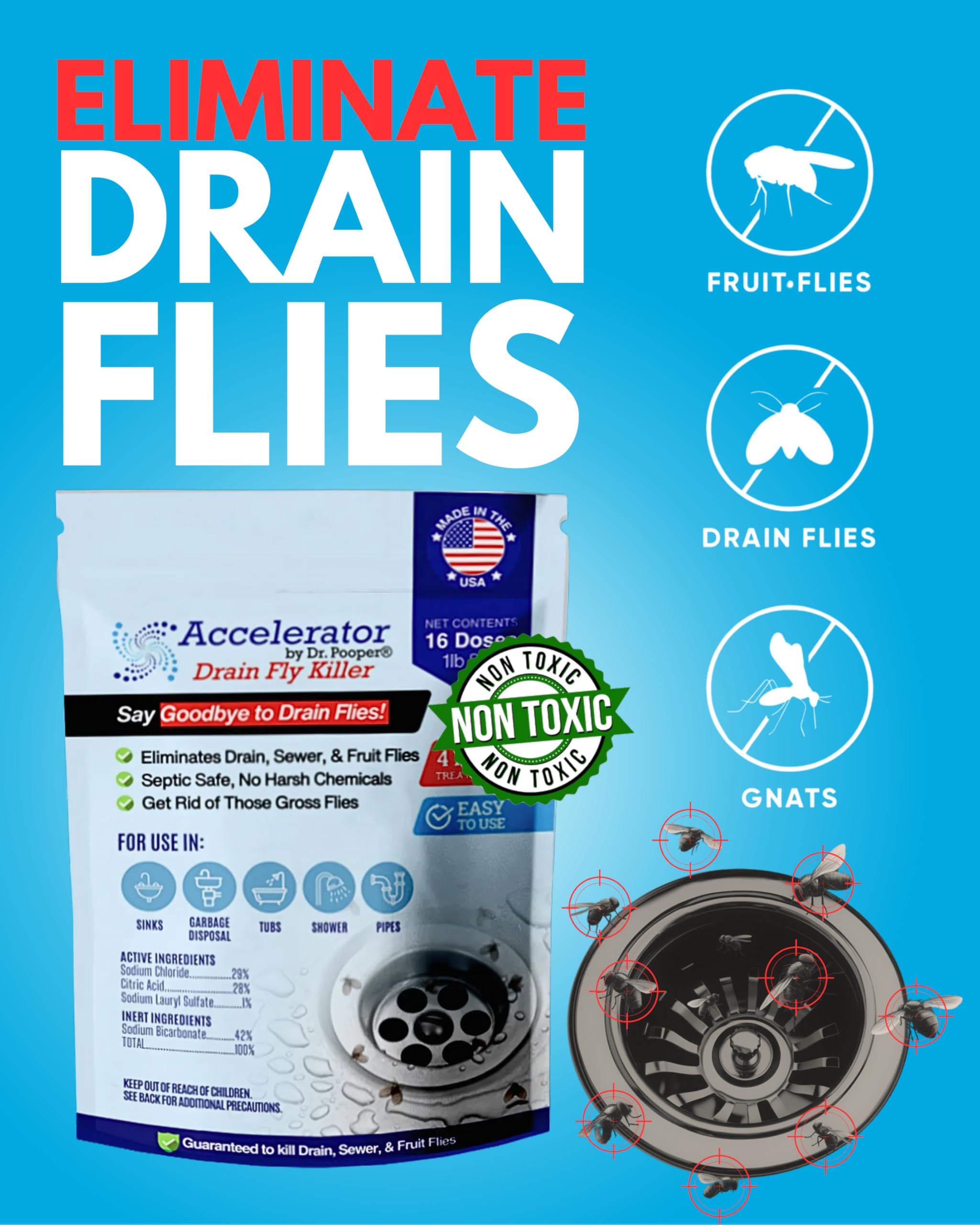 Drain Fly Killer Powder - Eliminates Drain Flies & Sewer Flies in Drains, Sinks, Showers - Fast-Acting Treatment - Septic Safe & Made in USA