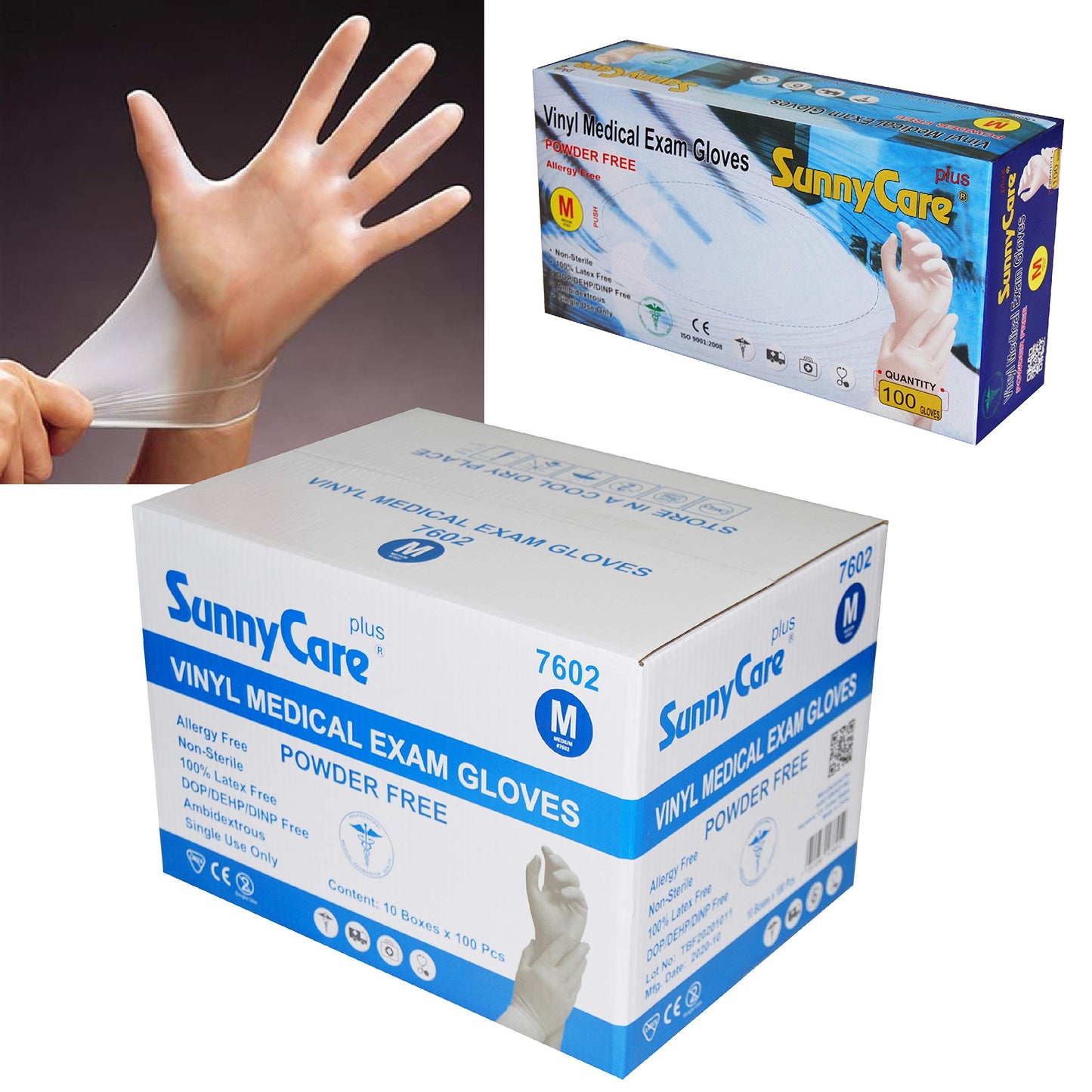 SunnyCare #7602 Vinyl Medical Exam Gloves Powder Free Size: Medium 1000pcs/case ;100pcs/box;10boxes/case