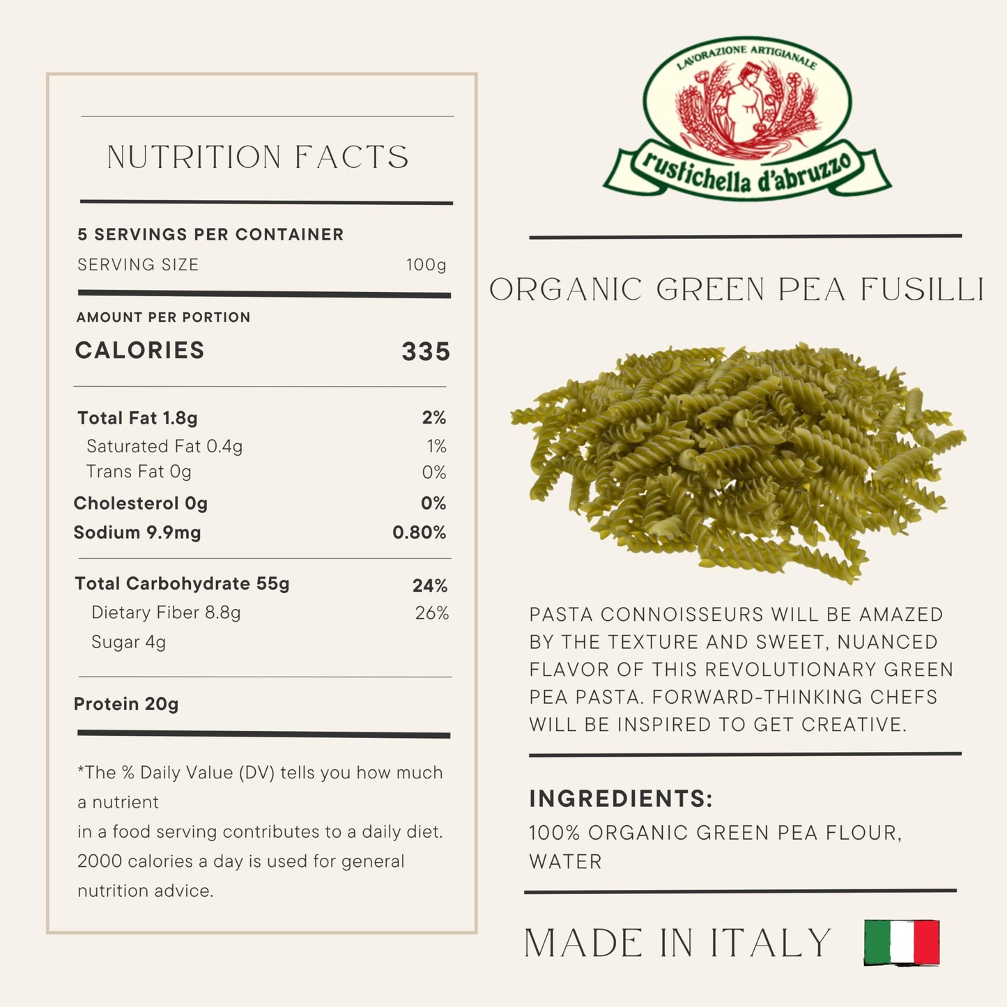 Rustichella d'Abruzzo Organic Green Pea Fusilli (Pack of 3), 250g Each - Gluten-Free Short Pasta - Made from 100% Organic Green Pea Flour - Cooks in
