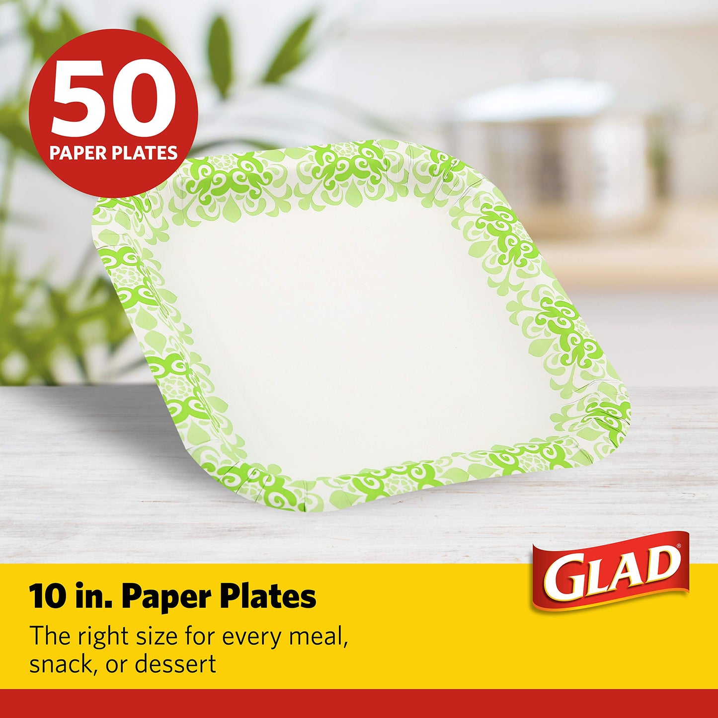 Glad Square Heavy Duty Paper Plates, Soak Proof and Cut Proof Disposable Plates for Parties and Everyday Meals, Microwaveable for Easy Serving, Green