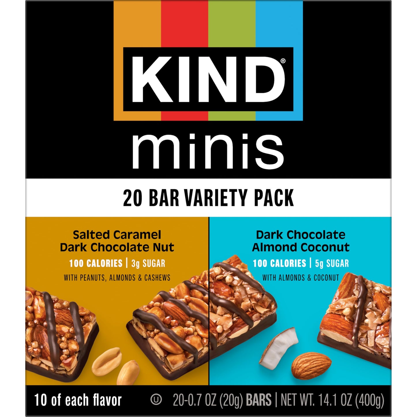 KIND Mini Snack Bars Variety Pack, Gluten Free, Low Sugar, Low Calorie Snacks, Salted Caramel Dark Chocolate Nut, Dark Chocolate Almond Coconut, 20