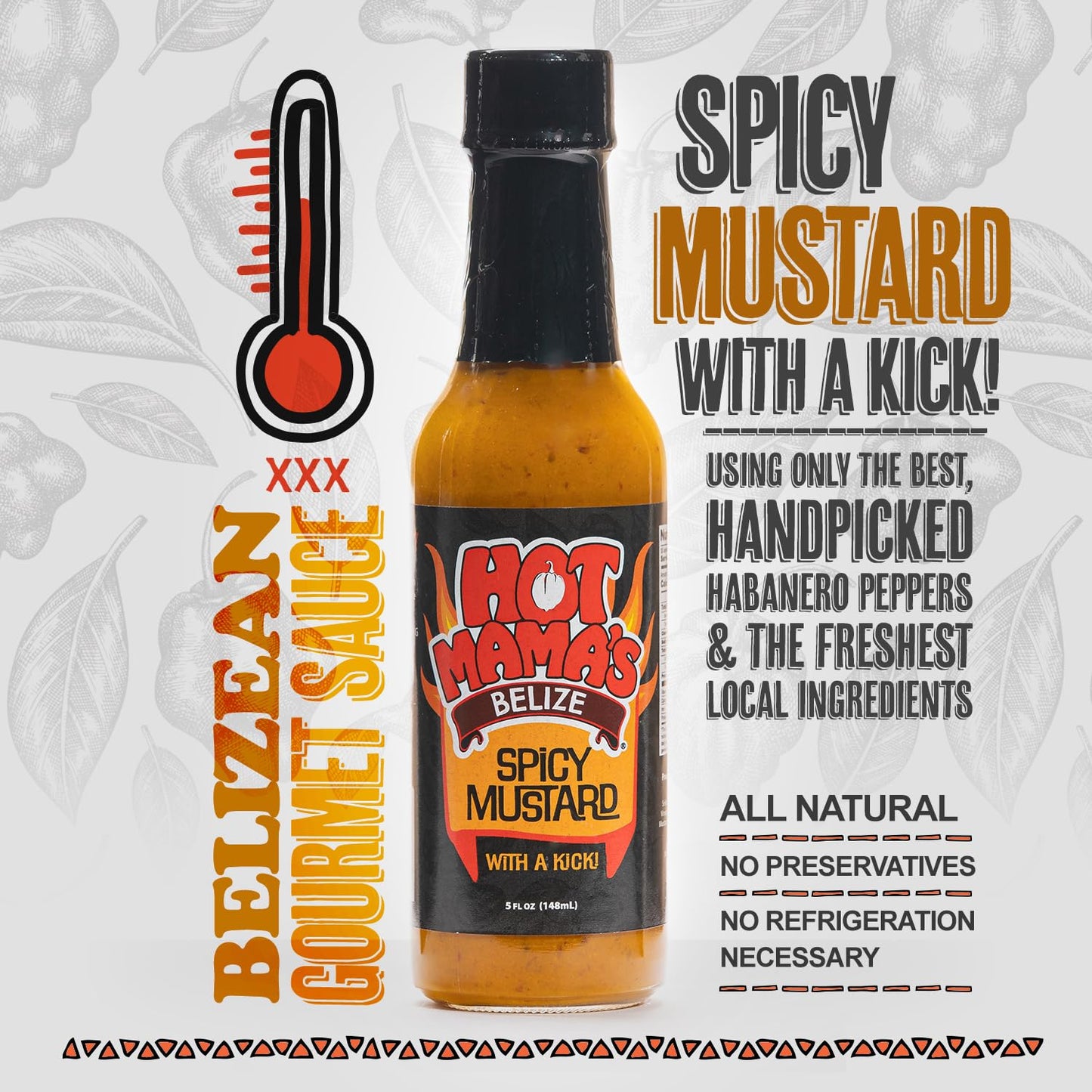 Hot Mama's Belize Spicy Mustard - with a kick, Low-Sodium, No Preservatives - Non GMO - Gluten-Free, Vegan-Friendly, Fresh Ingredients - Great