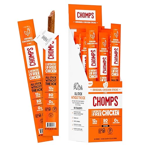Chomps Original Chicken Jerky Meat Snack Sticks 24-Pack - Keto, Paleo, Low Carb, Whole30 Approved, 12g Lean Meat Protein, Gluten Free, Antibiotic