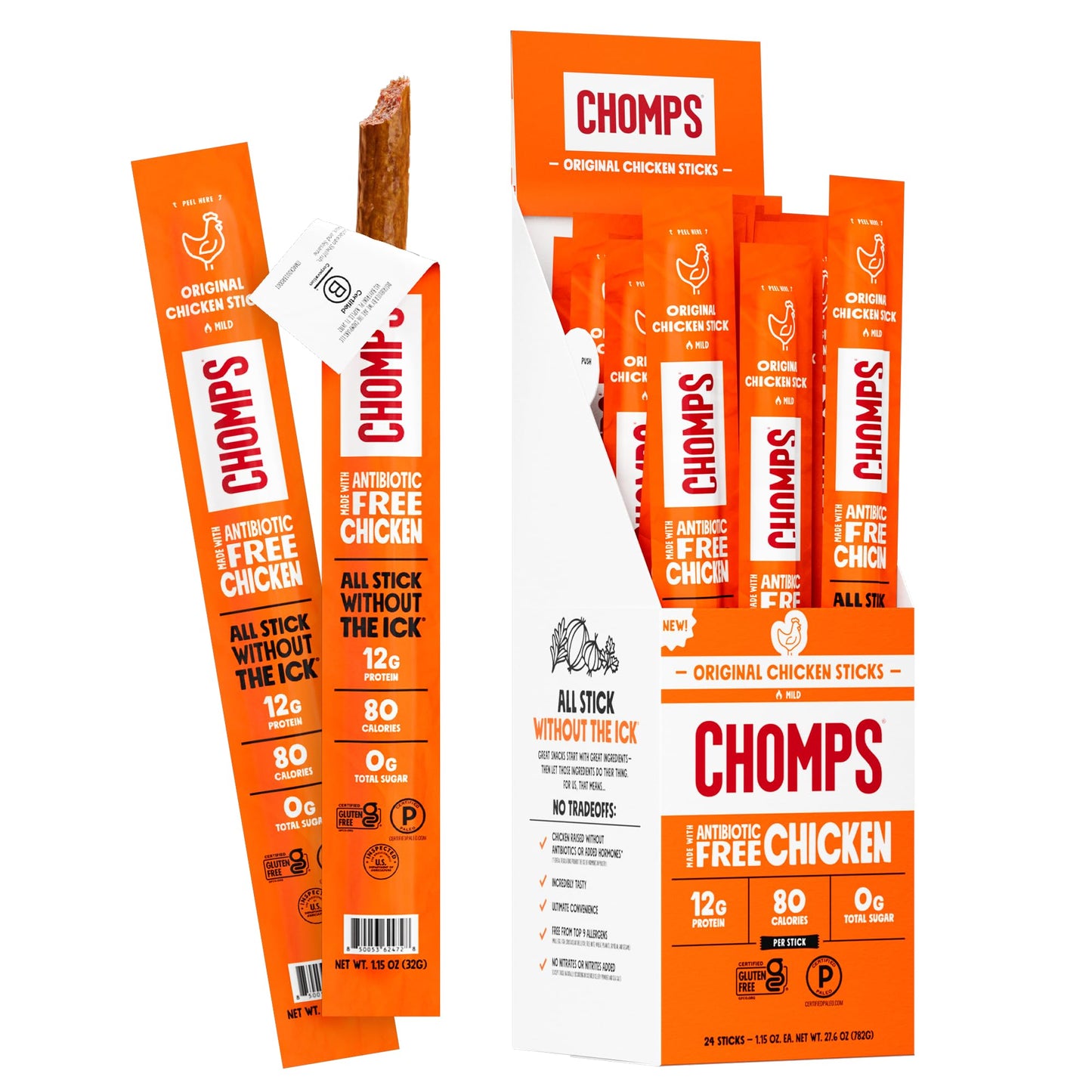 Chomps Original Chicken Jerky Meat Snack Sticks 24-Pack - Keto, Paleo, Low Carb, Whole30 Approved, 12g Lean Meat Protein, Gluten Free, Antibiotic