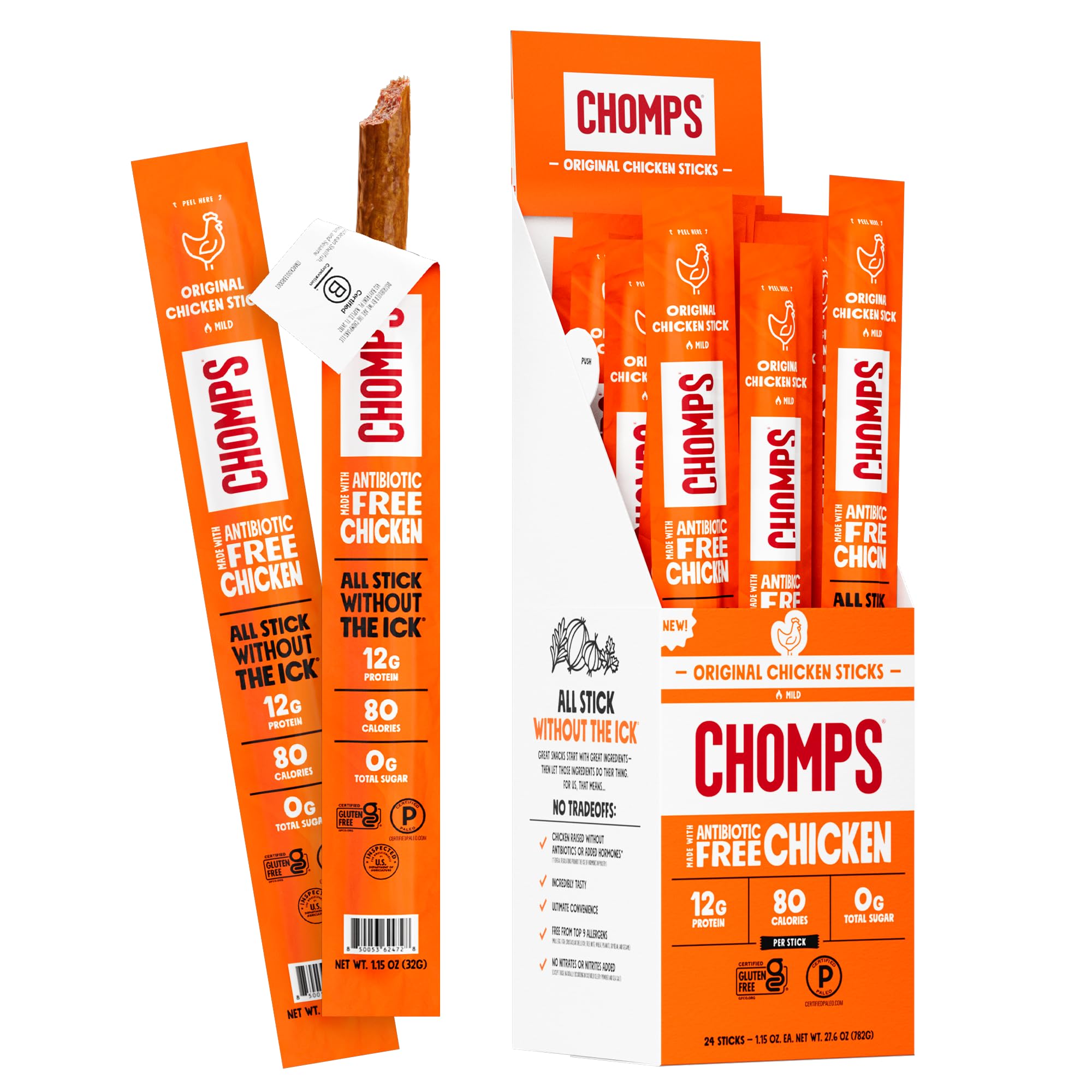 Chomps Original Chicken Jerky Meat Snack Sticks 24-Pack - Keto, Paleo, Low Carb, Whole30 Approved, 12g Lean Meat Protein, Gluten Free, Antibiotic