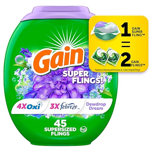 Gain Super Flings Laundry Detergent Pacs, 45 Count, Dewdrop Dream scent, clean and fresh washing detergent laundry soap pacs