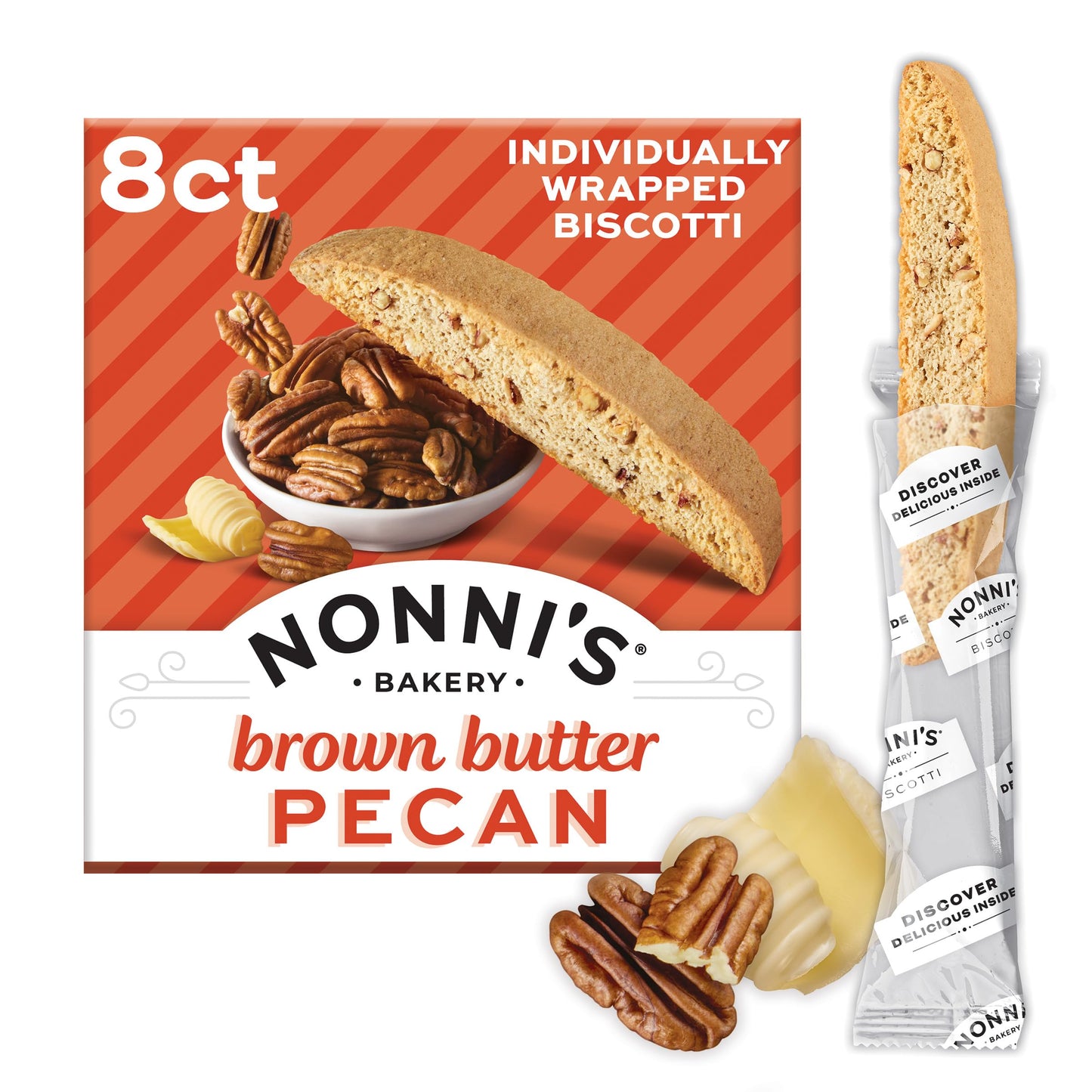 Nonni's Brown Butter Pecan Biscotti, Nutty Pecan Cookie with Rich Browned Butter Flavor, 8 Individually Wrapped Bakery Snacks, 5.52 oz