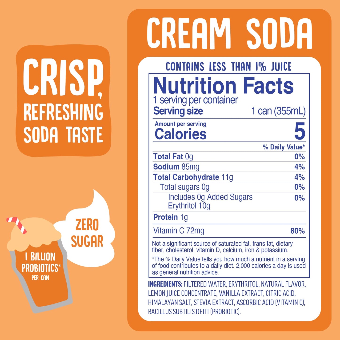 Cove Probiotic Soda, Zero Sugar Better-For-You Alternative - Refreshing, Delicious Probiotic Drink, No Synthetic Colors & Caffeine Free - Cream Soda