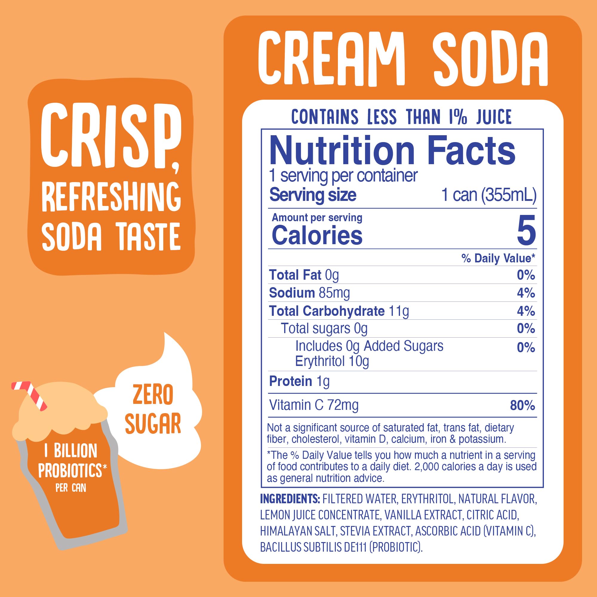 Cove Probiotic Soda, Zero Sugar Better-For-You Alternative - Refreshing, Delicious Probiotic Drink, No Synthetic Colors & Caffeine Free - Cream Soda