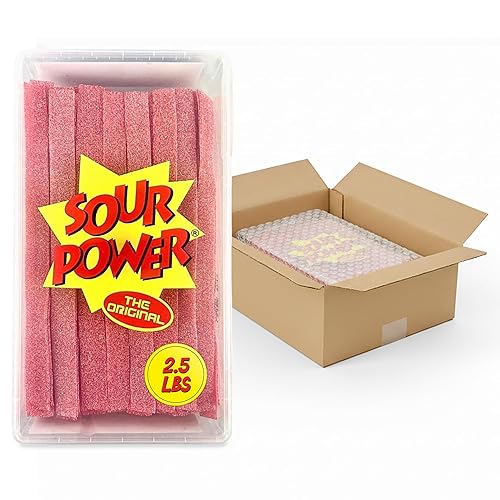 Sour Power Strawberry Candy Belts, 2.5 lb Bulk Tub Resealable, Vegan Strawberry Sour Belts Candy Since 1985, Soft Chewy Sweet Tart, Non-GMO Gelatin