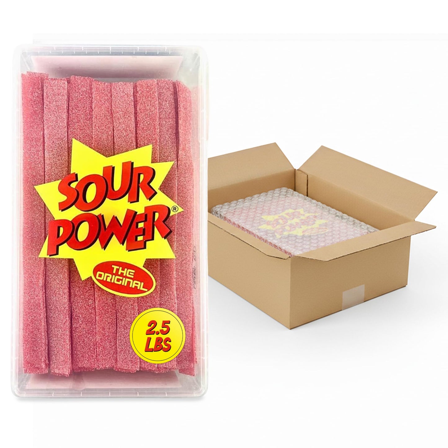Sour Power Strawberry Candy Belts, 2.5 lb Bulk Tub Resealable, Vegan Strawberry Sour Belts Candy Since 1985, Soft Chewy Sweet Tart, Non-GMO Gelatin
