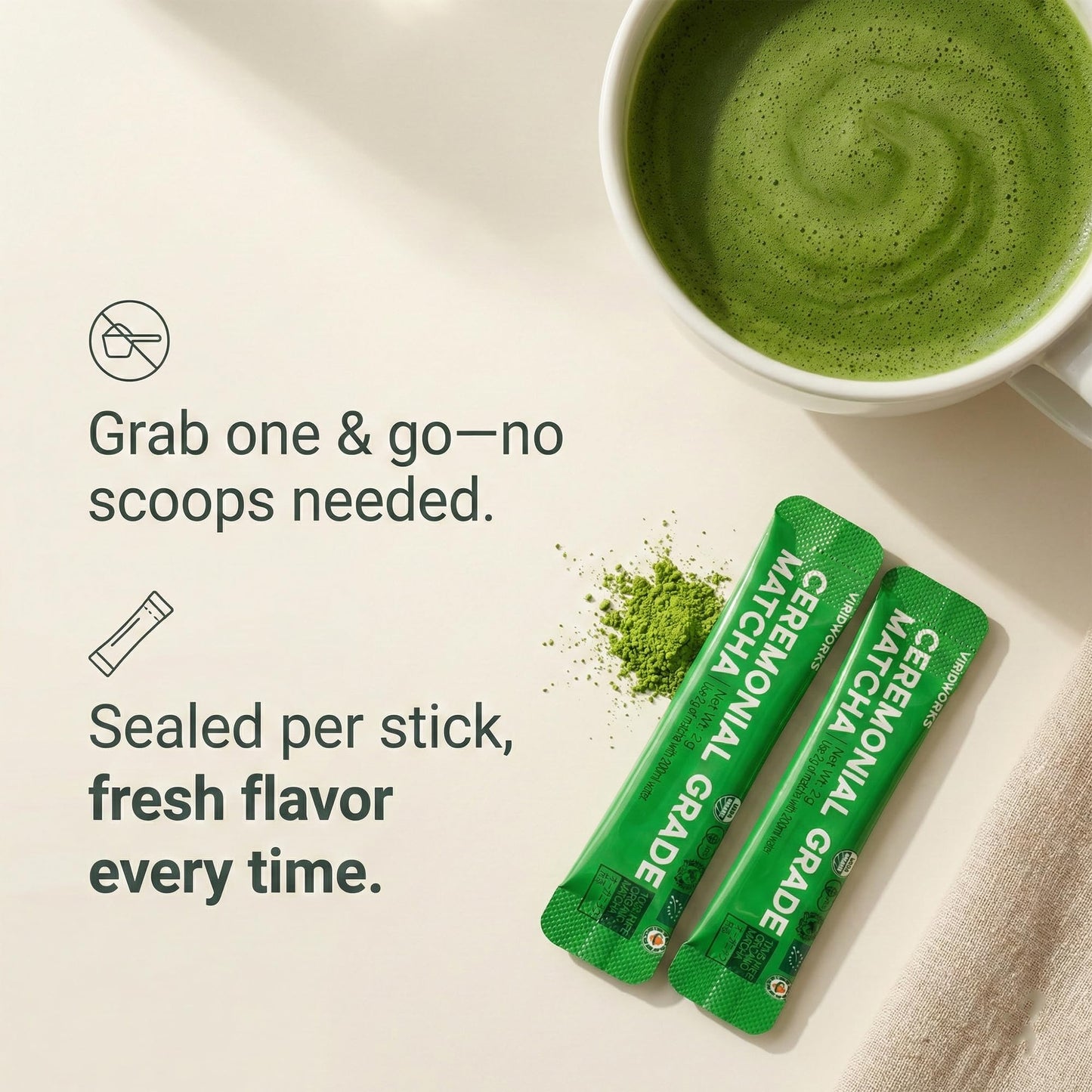 Viridworks Organic Matcha Green Tea Powder Stick Packs - Ceremonial Grade (First Spring Harvest) - Unsweetened Single Serve Packets - USDA, JAS