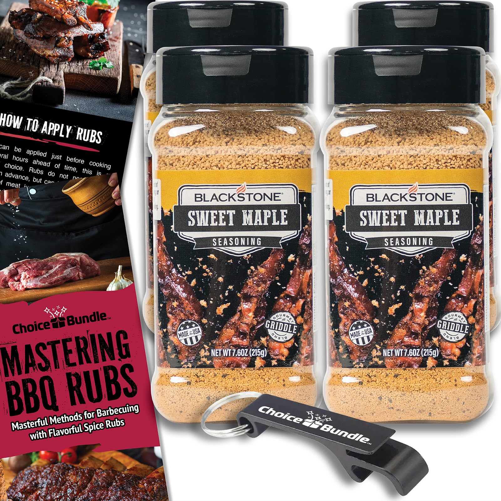 Blackstone Sweet Maple Seasoning - Gourmet Griddle Premium Barbecue Rub 4 Pk (30.4 oz) + BBQ Masters & Opener (6 Items)!