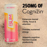 BUM Sugar-Free Energy Drink, Pink Lemonade - Lightly Carbonated & No Artificial Colors, Natural Caffeine & Citicoline for Energy & Focus, Brain Boost