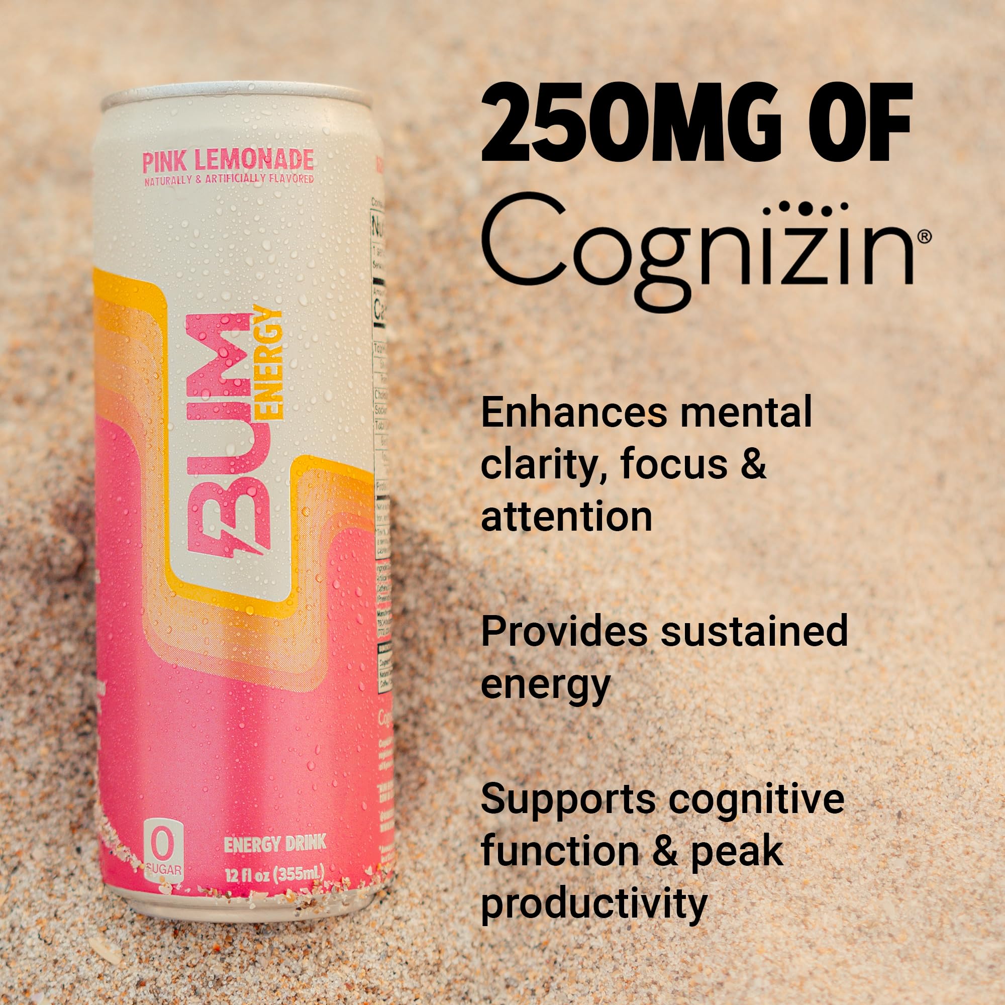 BUM Sugar-Free Energy Drink, Pink Lemonade - Lightly Carbonated & No Artificial Colors, Natural Caffeine & Citicoline for Energy & Focus, Brain Boost