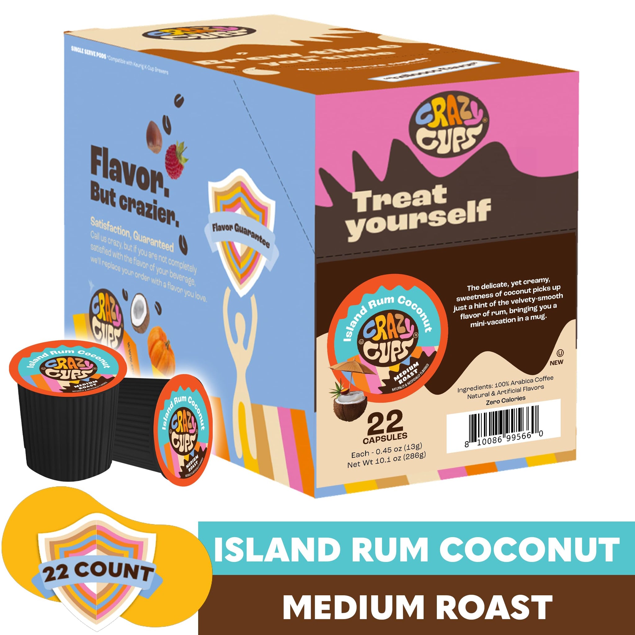 Crazy Cups Flavored Coffee Pods, Island Rum Coconut Single Serve Coffee Cups for K Cup Keurig Machines, Brew Hot or Iced, 22 Count