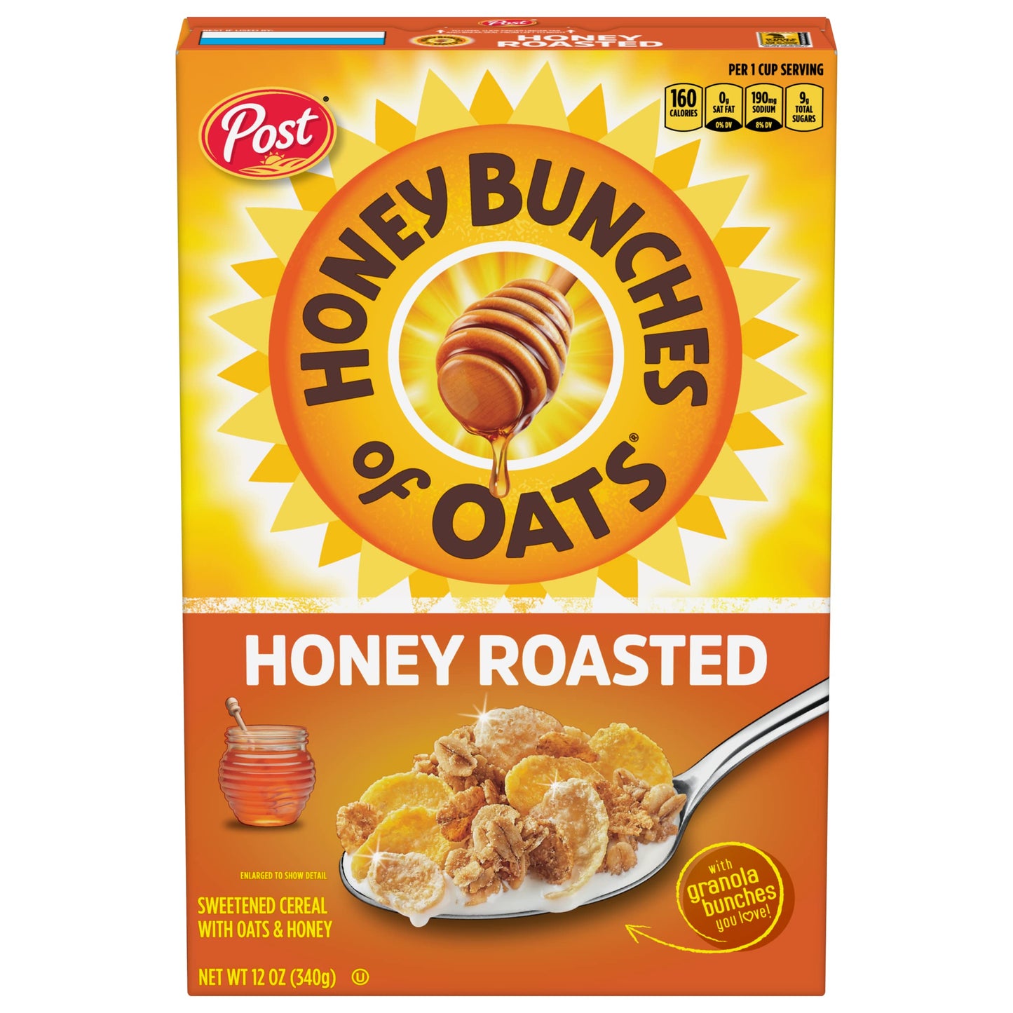 Honey Bunches of Oats Honey Roasted Breakfast Cereal with Oats and Granola Clusters, Low Fat made with Whole Grain Cereal, 12 oz Box
