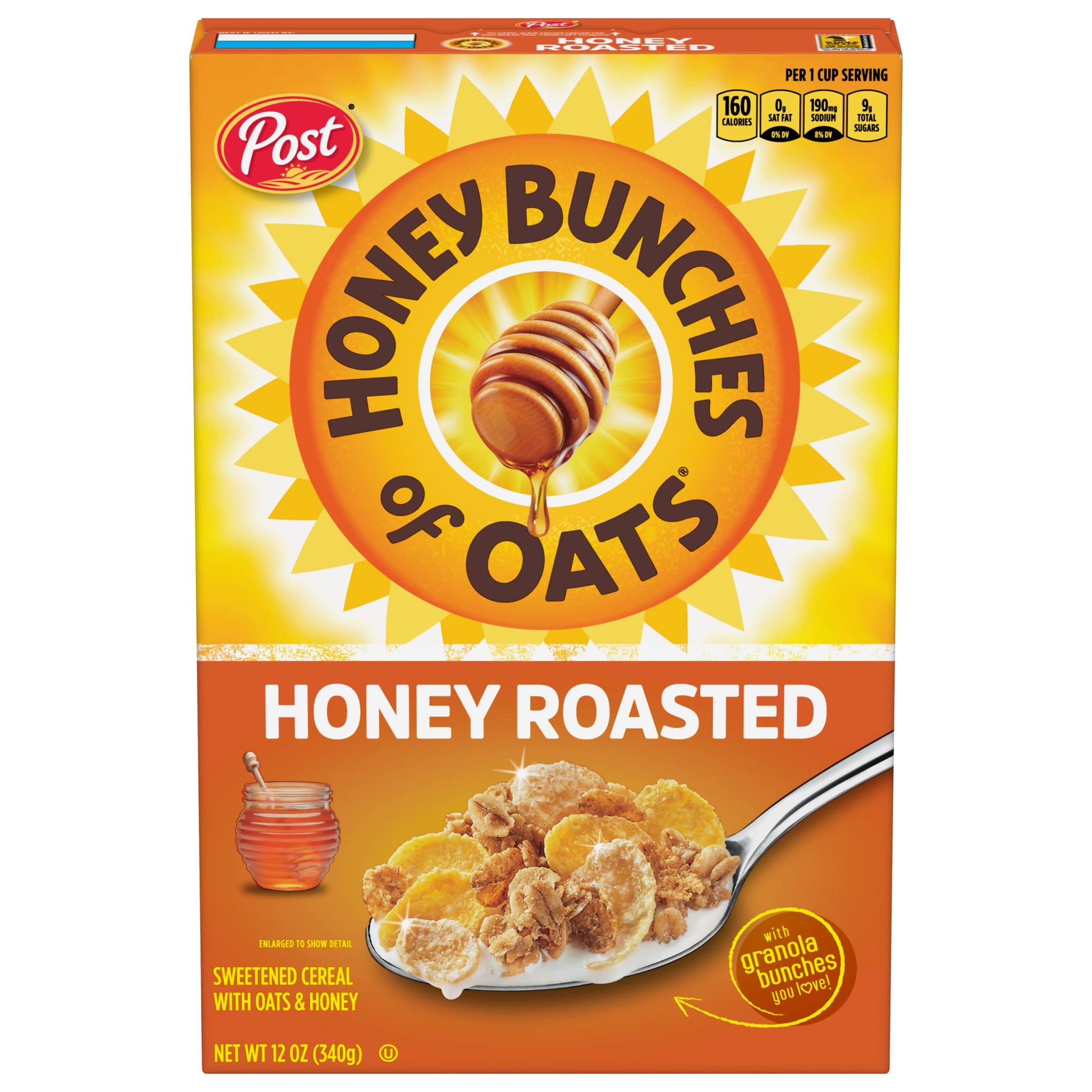 Honey Bunches of Oats Honey Roasted Breakfast Cereal with Oats and Granola Clusters, Low Fat made with Whole Grain Cereal, 12 oz Box