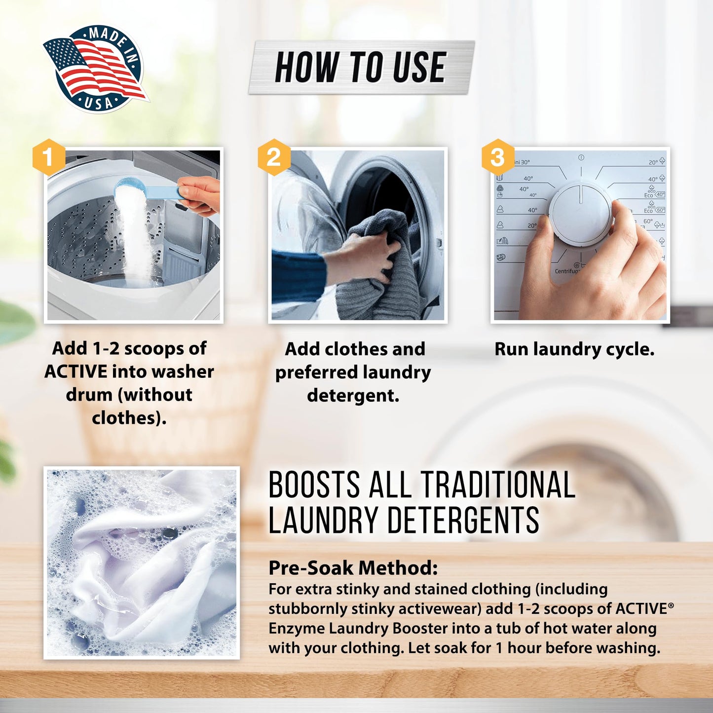 Enzyme Laundry Booster Odor Remover - 2 lbs Unscented Enzymatic Clothes Stain Cleaner Powder, Natural Deodorizer with Bio Active Enzymes, Detergent