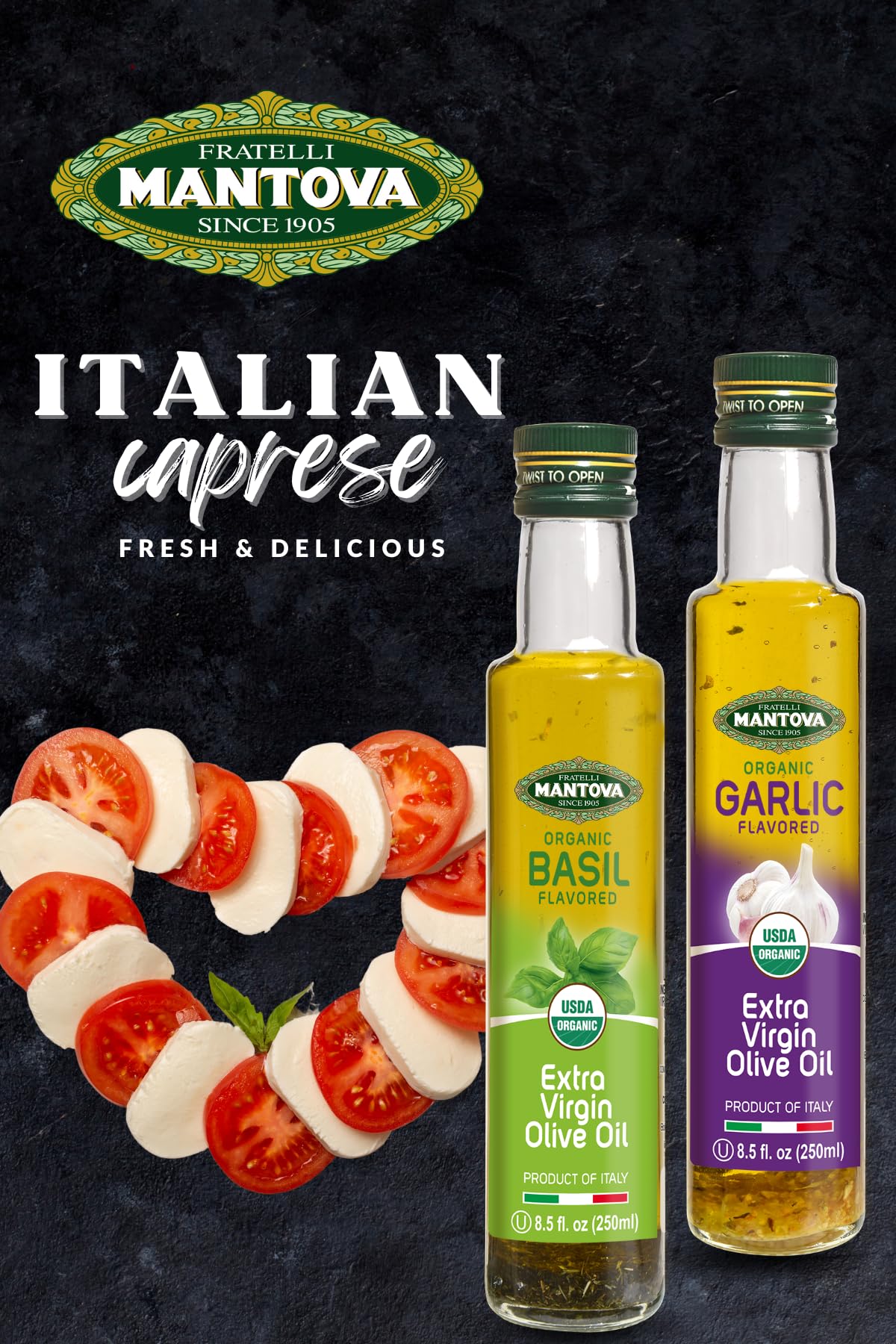 Mantova Organic Flavored Extra Virgin Olive Oil Variety Pack - Garlic, Basil, Chili, and Lemon (8.5 oz Bottles, Pack of 4) - Perfect for Cooking, Dressing, and a Great Gift Item