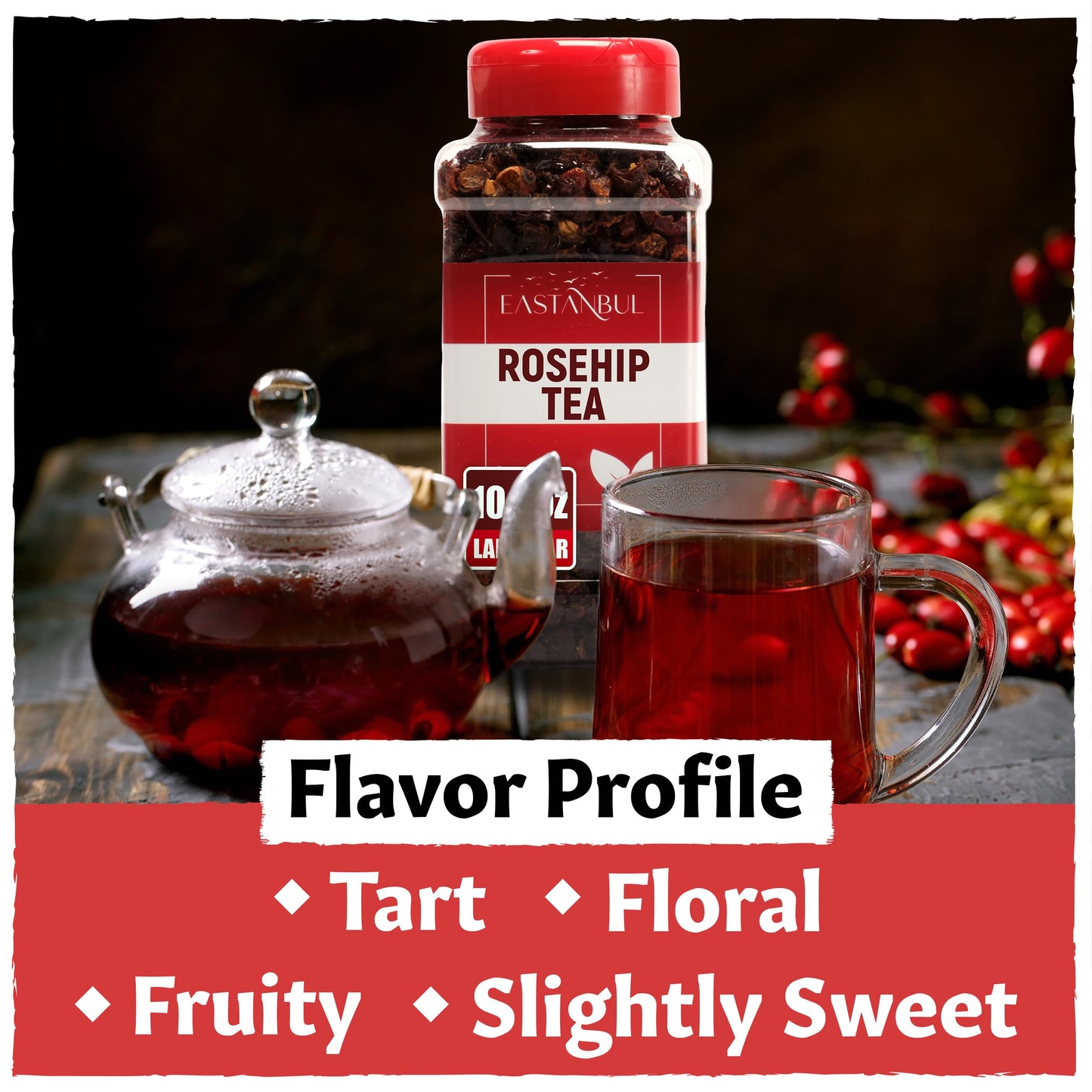 Eastanbul Rosehip Tea, 10.5oz, Rose Hips with Hibiscus, Loose Leaf Tea, Rosehips & Hibiscus Flowers, Mediterranean Dried Herbs, Natural, Vegan, Gluten