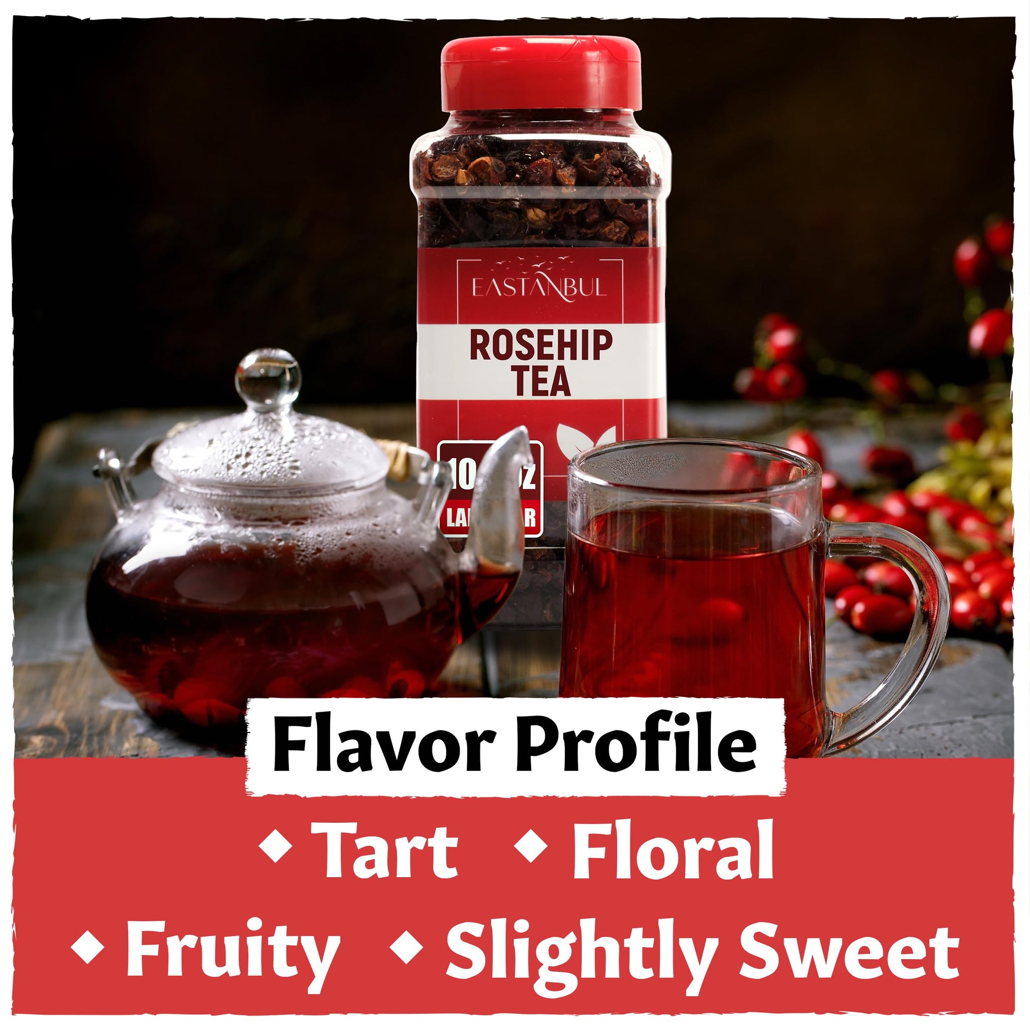 Eastanbul Rosehip Tea, 10.5oz, Rose Hips with Hibiscus, Loose Leaf Tea, Rosehips & Hibiscus Flowers, Mediterranean Dried Herbs, Natural, Vegan, Gluten