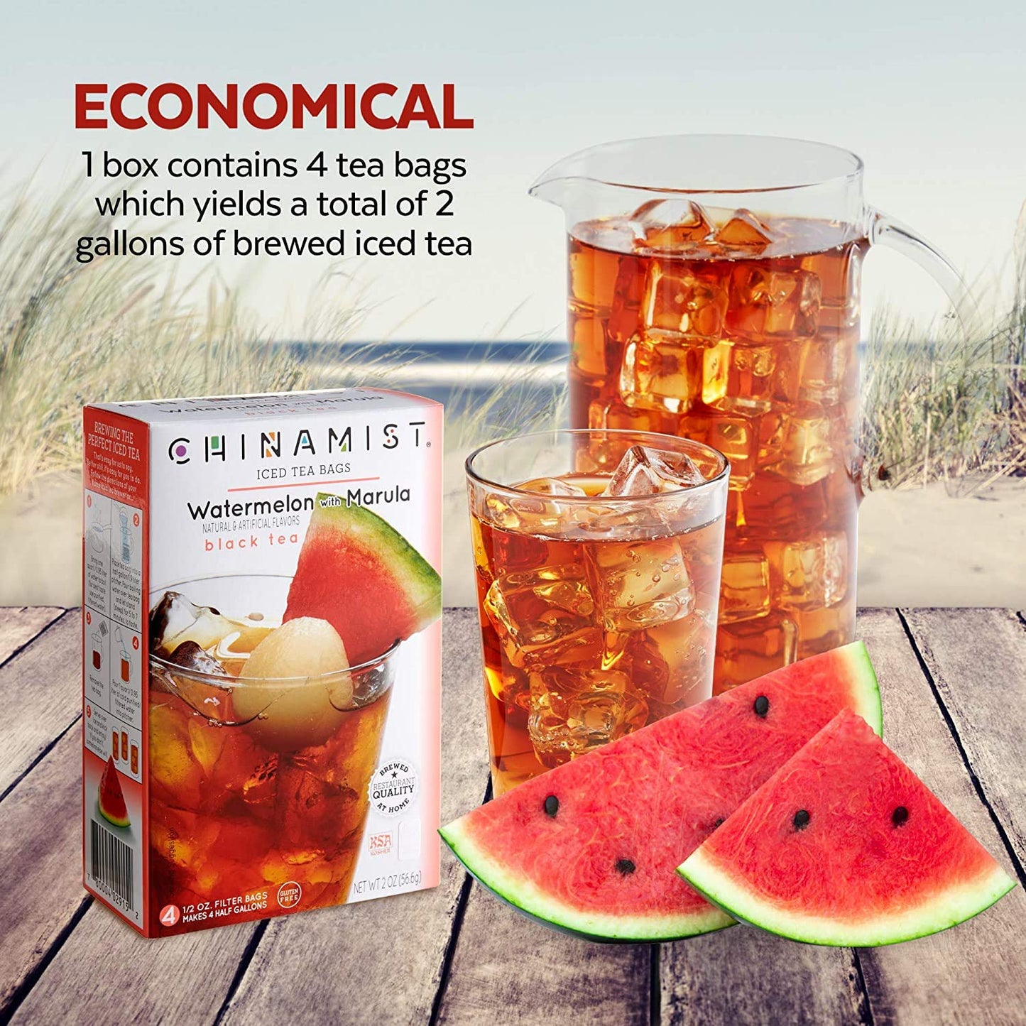 CHINAMIST Watermelon with Marula Black Iced Tea Filter Bags - Refreshing Fruit-Infused Black Tea - Each Bag Brews Half Gallon - 4 Filter Bags (Pack