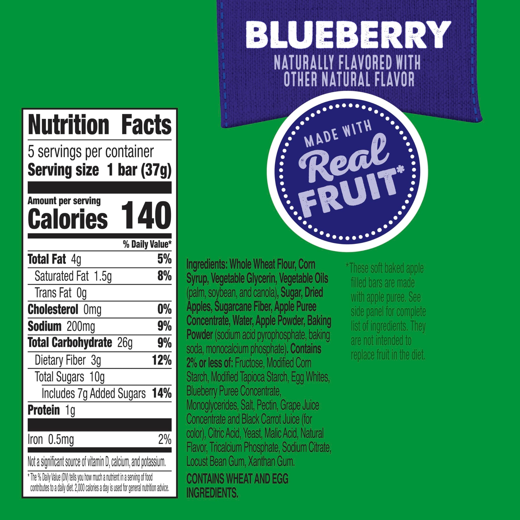Mott's Soft Baked Apple Filled Bars, Blueberry Flavor Snacks, Made with Real Fruit, 5 Ct, 6.55 oz