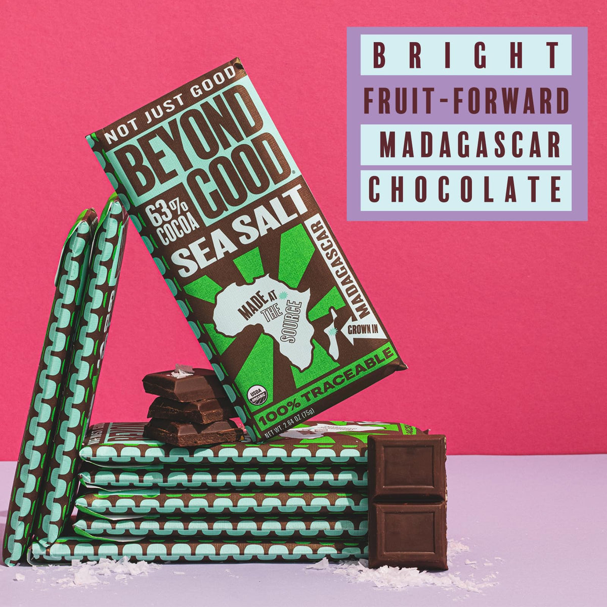 Beyond Good 63% Cocoa Dark Chocolate with Sea Salt | 6 Pack - Chocolate Bars | Organic, Direct Trade, Vegan, Kosher, Non-GMO | Single Origin Heirloom