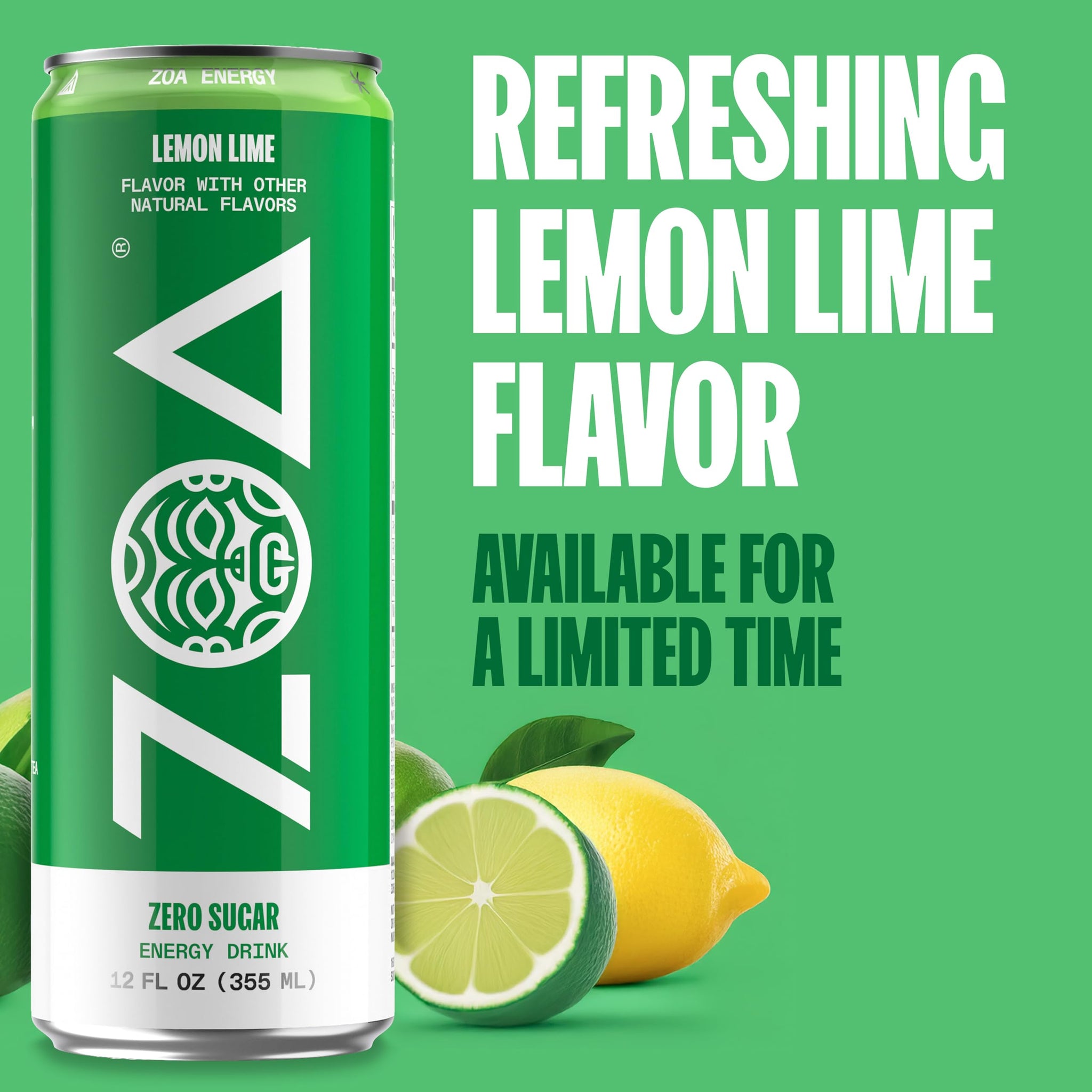 ZOA Energy Sugar Free Energy Drinks With Electrolytes For Hydration, Lemon Lime - 12 Fl Oz (12-Pack)