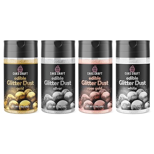 Cake Craft Edible Glitter Dust 4-Pack | 100% Edible Food-Safe Glitter for Cakes, Cupcakes, Cocktails & Desserts | Gold, Silver, Rose Gold, White