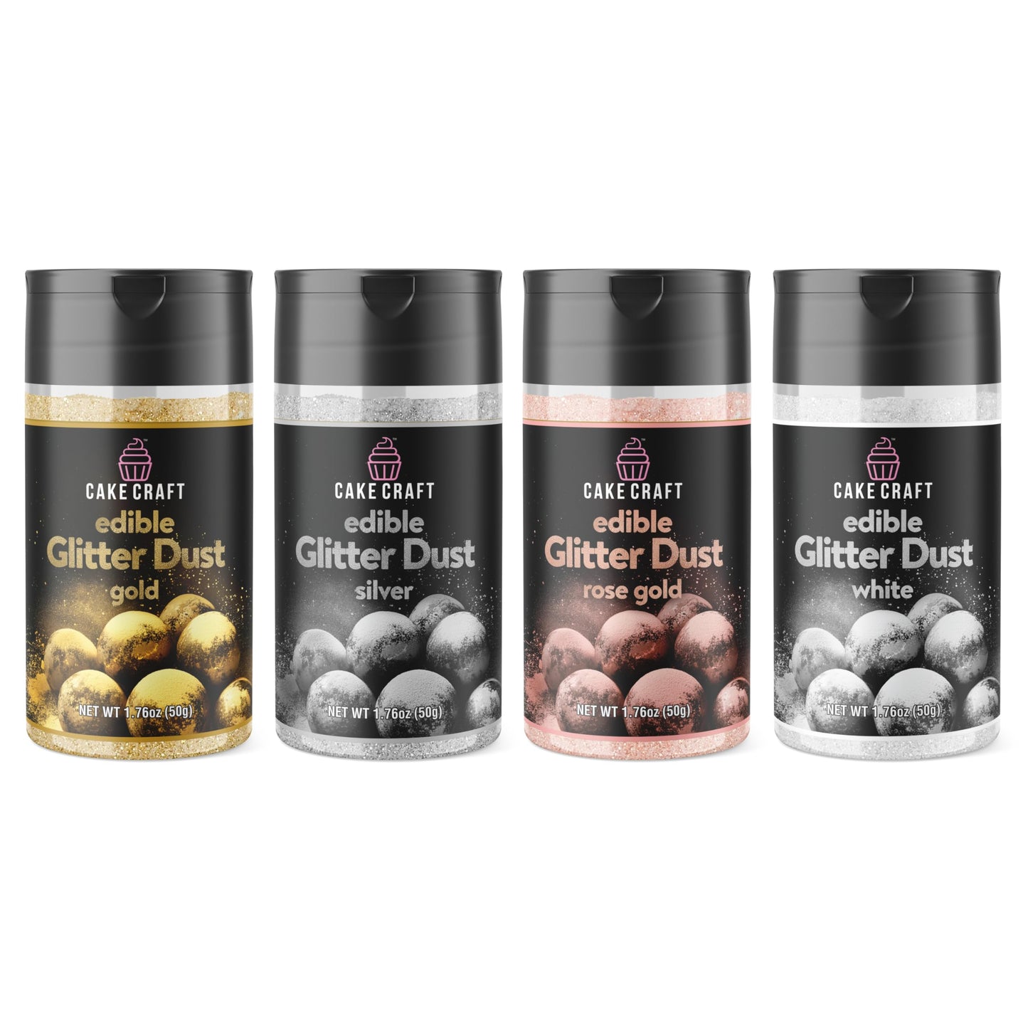 Cake Craft Edible Glitter Dust 4-Pack | 100% Edible Food-Safe Glitter for Cakes, Cupcakes, Cocktails & Desserts | Gold, Silver, Rose Gold, White