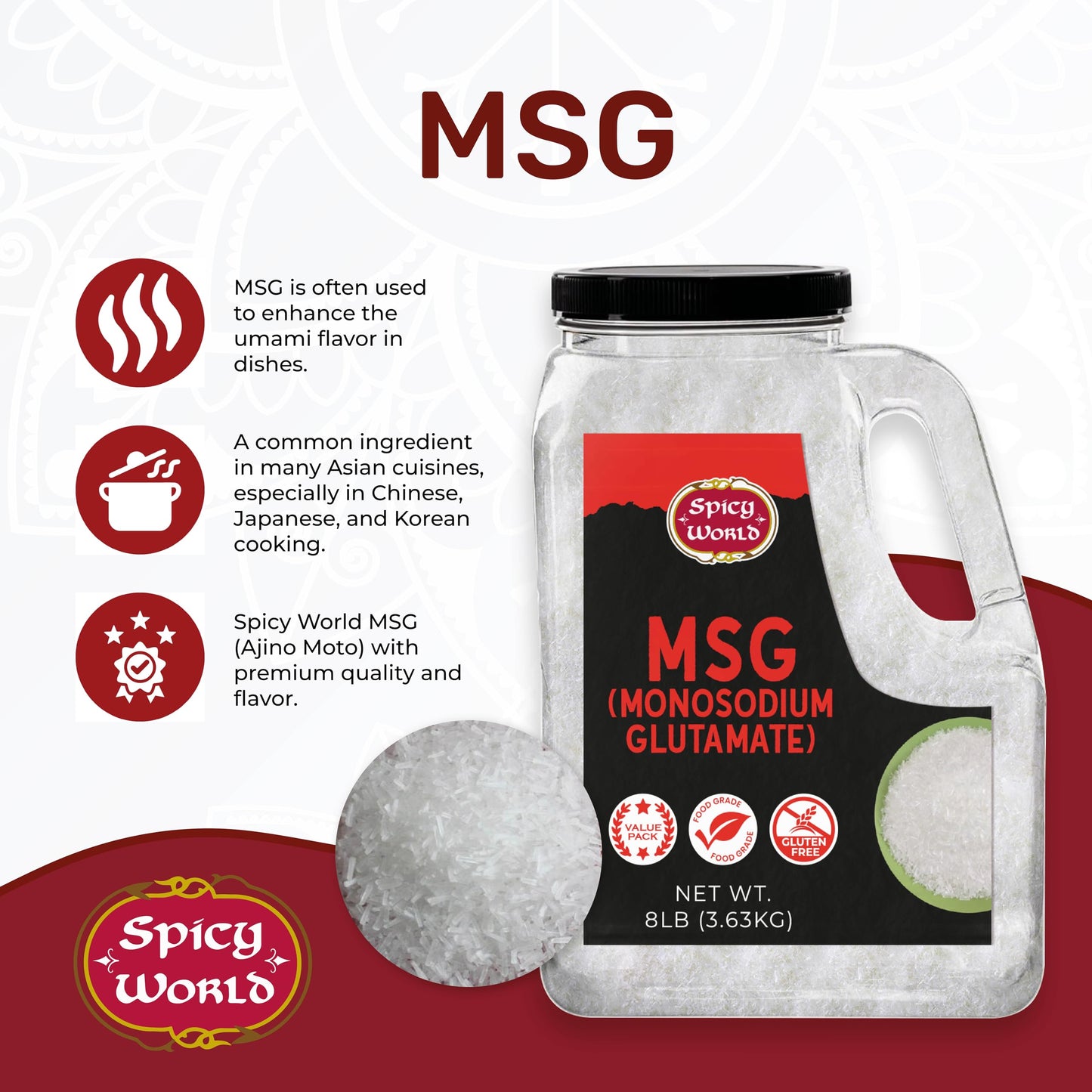 Monosodium Glutamate (MSG) 8 LB Bulk Jar - MSG Seasoning, Premium, Restaurant Grade Flavor Enhancer, Umami Seasoning - By Spicy World