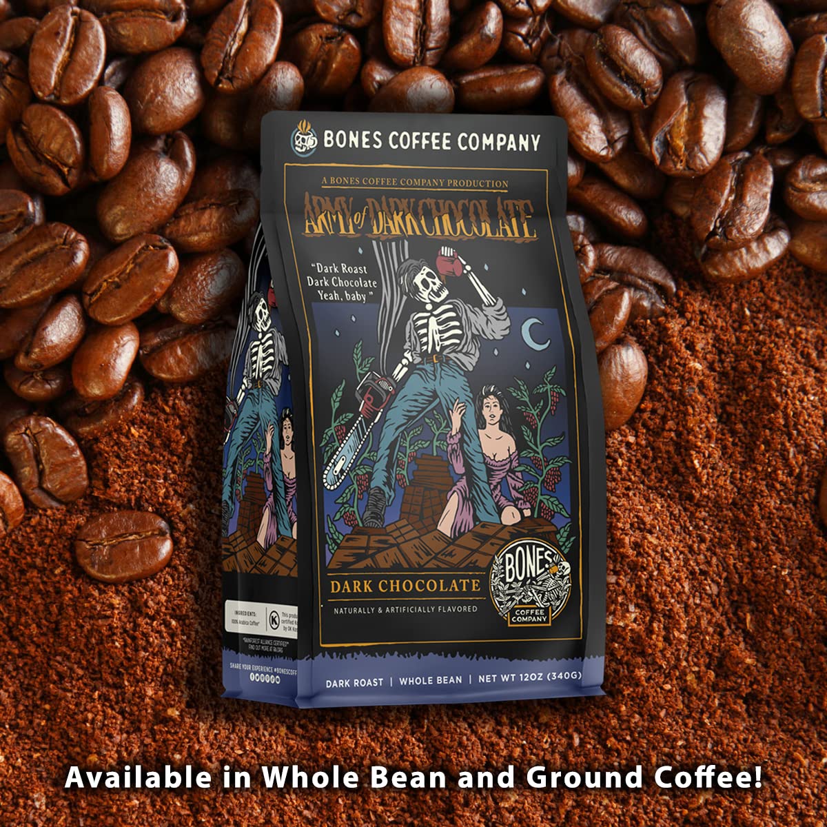 Bones Coffee Company Army of the Dark Chocolate Flavored Coffee, Medium Roast Low Acid Arabica Beans Compatible with Auto drip and French Press Coffee