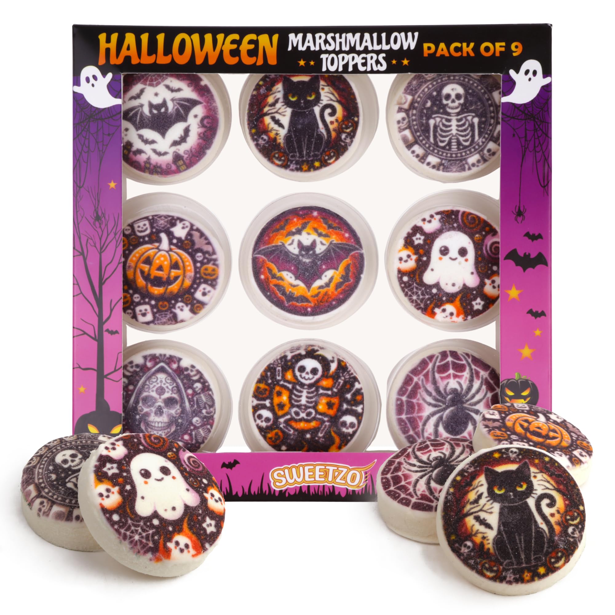Halloween Marshmallow Toppers, Perfect Hot Cocoa Toppings or Dessert Decorating Candy, Assorted Festive Designs, 9 Count
