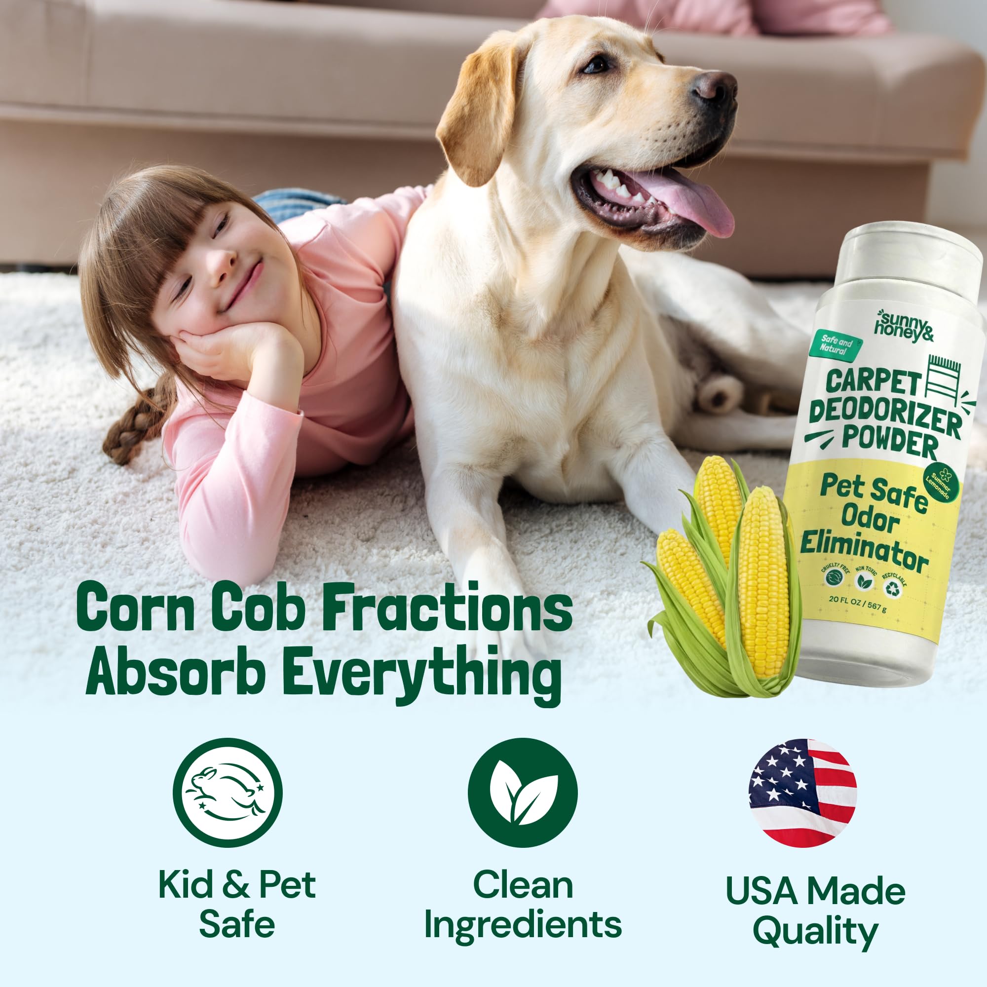 Sunny & Honey Carpet Deodorizer Powder - Pet Safe Freshener for Carpets, Pet Beds and Car Seats - Lemon Odor Eliminator for Cat Urine and Wet Dog