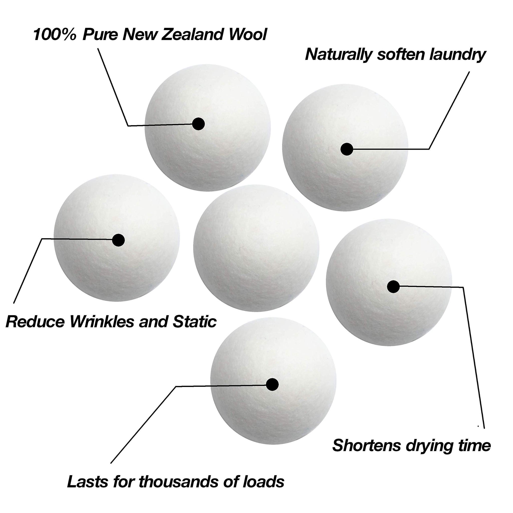Wool Dryer Balls XL 6-Pack - 100% Pure New Zealand Wool, Ecoigy Natural Fabric Softener, Reduces Wrinkles & Drying Time, Ideal for Essential Oils