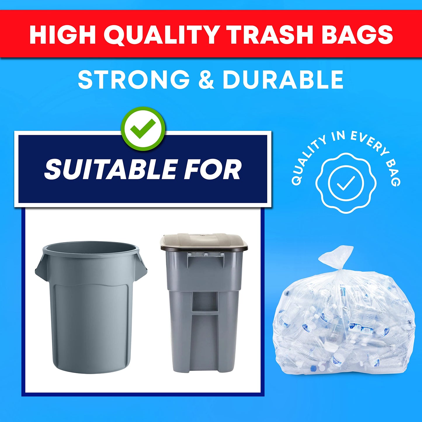 65 Gallon Clear Trash Bags Heavy Duty (MegaPack 50 Bags w/Ties) 64 Gallon Extra Large Clear Plastic Recycling Garbage Bags