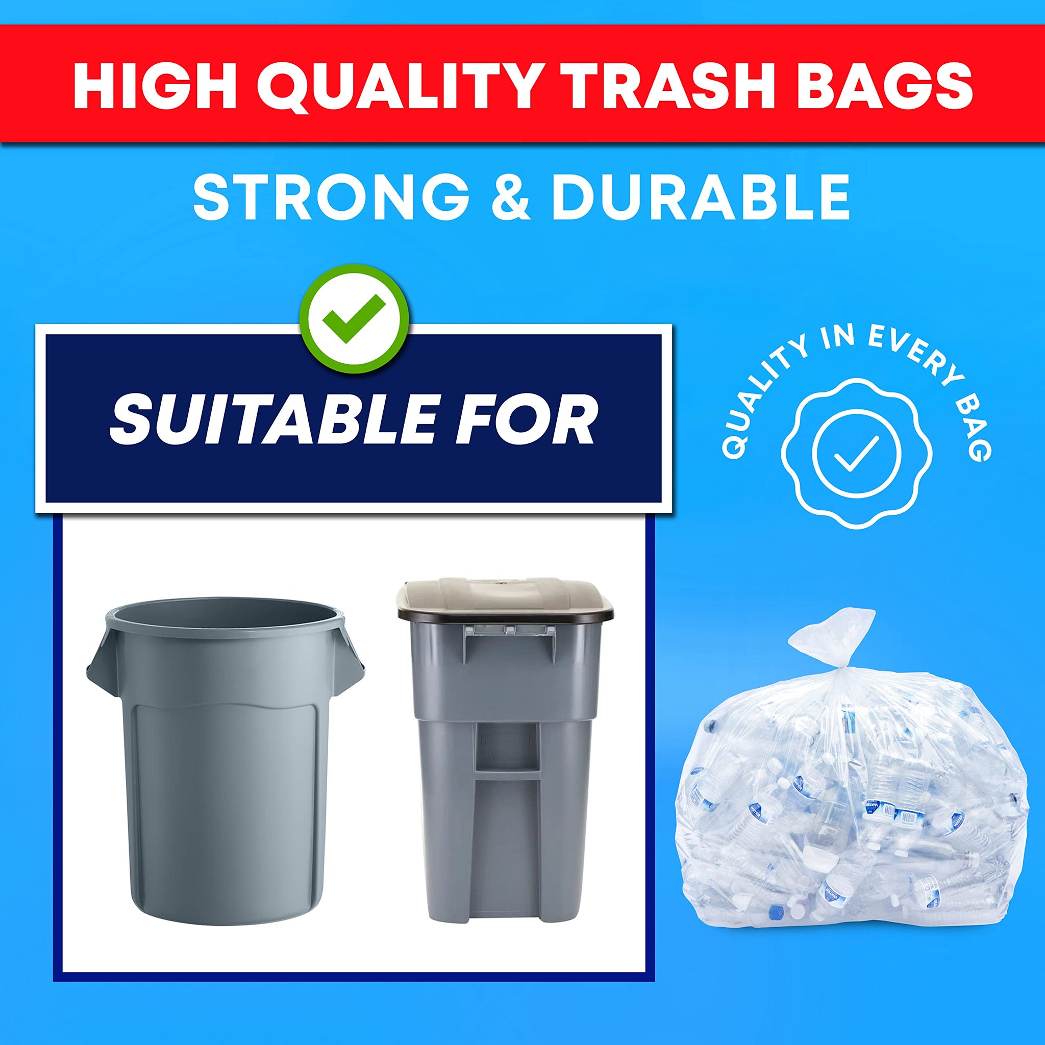 65 Gallon Clear Trash Bags Heavy Duty (MegaPack 50 Bags w/Ties) 64 Gallon Extra Large Clear Plastic Recycling Garbage Bags
