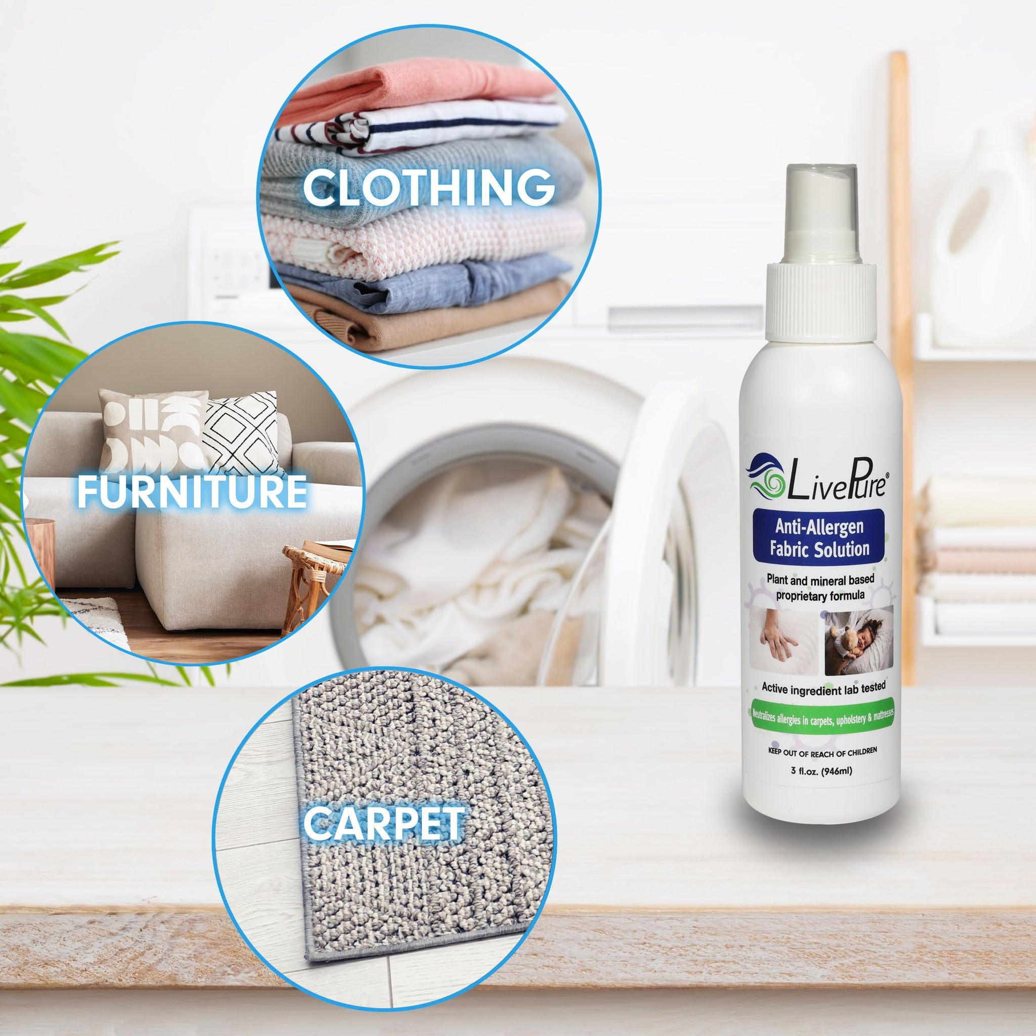 LivePure Anti-Allergen 3 OZ Fabric Spray for Household Surfaces. Plant-Based Allergy Spray for Dust Mites and Pet Dander. Fragrance Free - 5 Pack